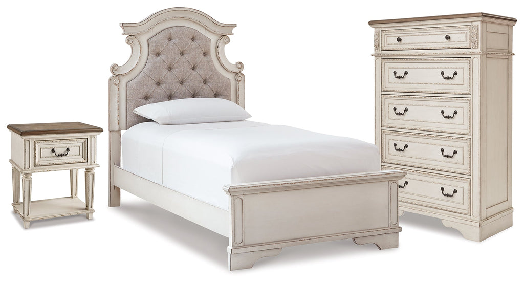 Realyn Two-tone Twin Panel Bed, Chest and Nightstand