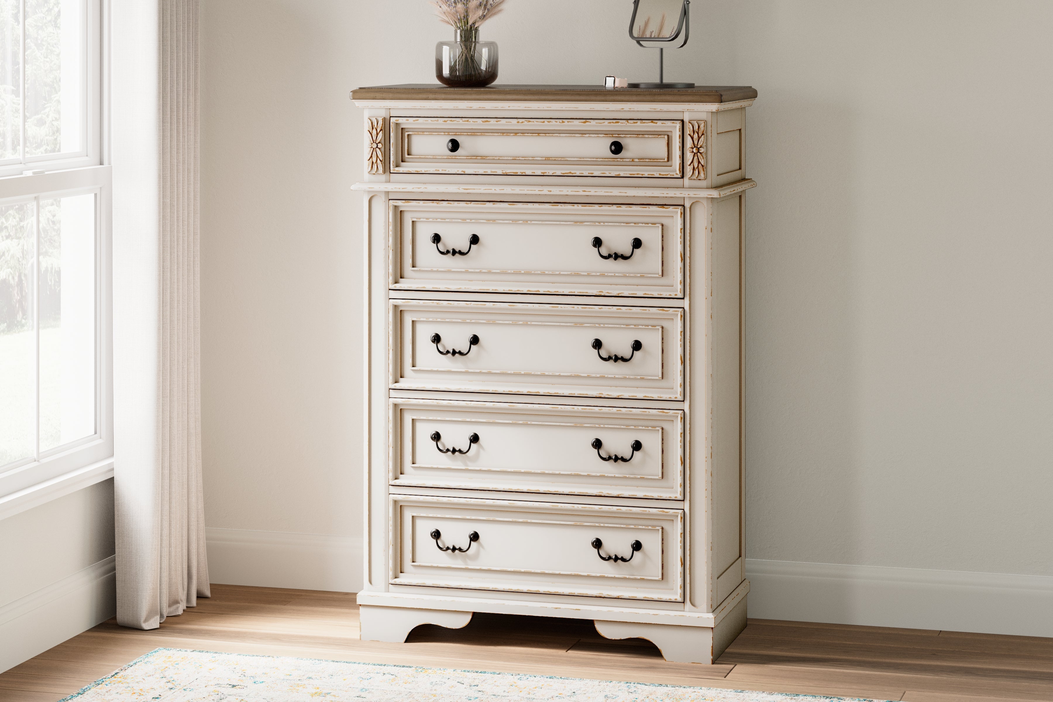 Realyn Two-tone Twin Panel Bed, Chest and Nightstand