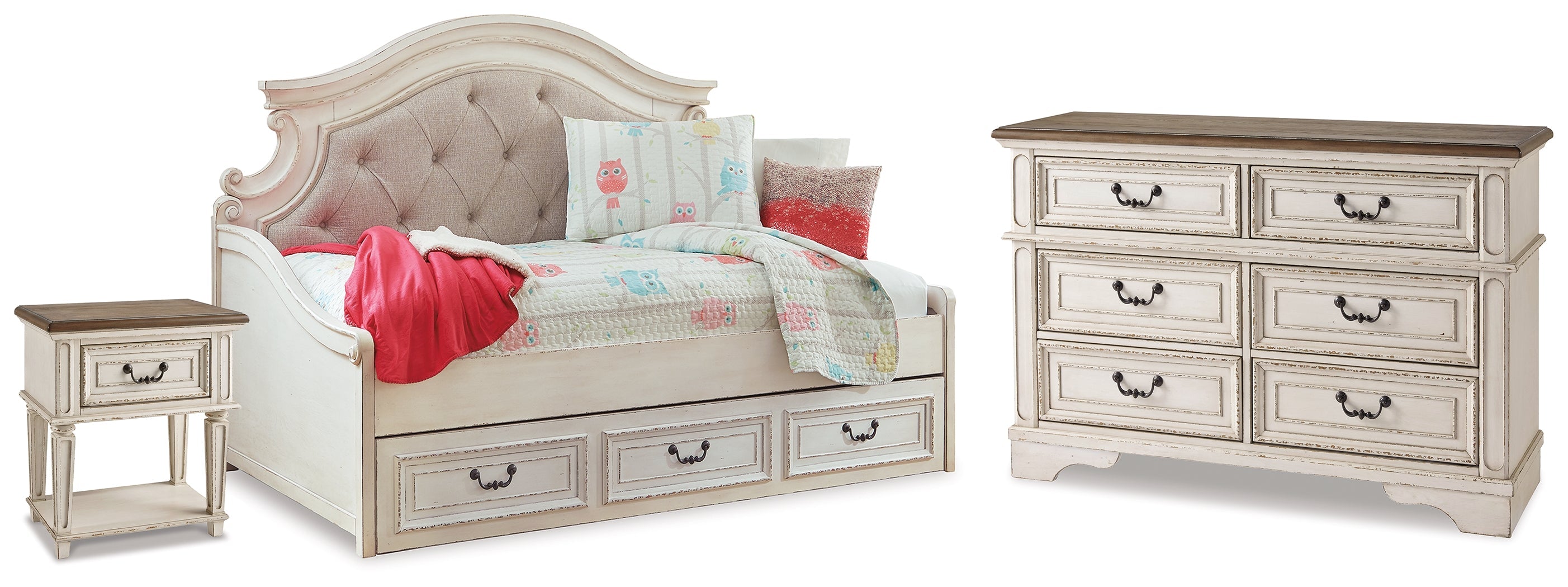 Realyn Two-tone Twin Storage Daybed, Dresser and Nightstand