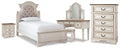Realyn Twin Upholstered Panel Bed, Chest, Vanity and Nightstand, Two-Tone