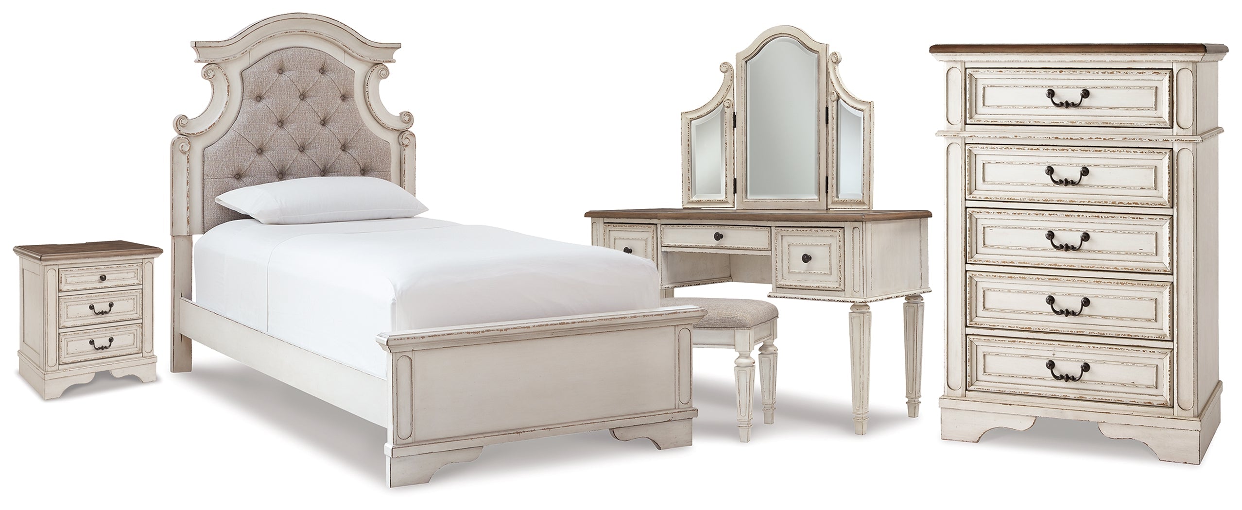 Realyn Twin Upholstered Panel Bed, Chest, Vanity and Nightstand, Two-Tone