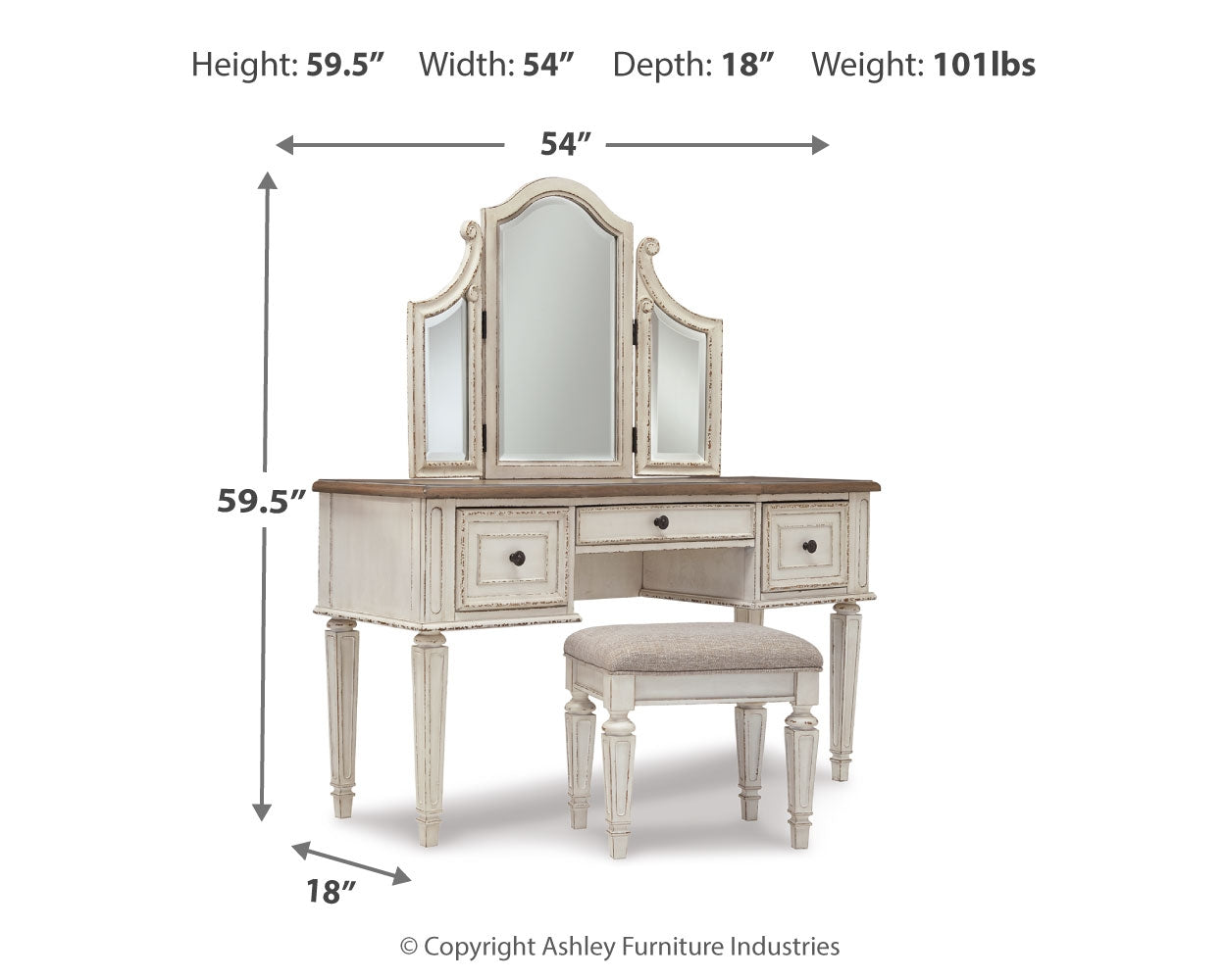 Realyn Twin Upholstered Panel Bed, Chest, Vanity and Nightstand, Two-Tone