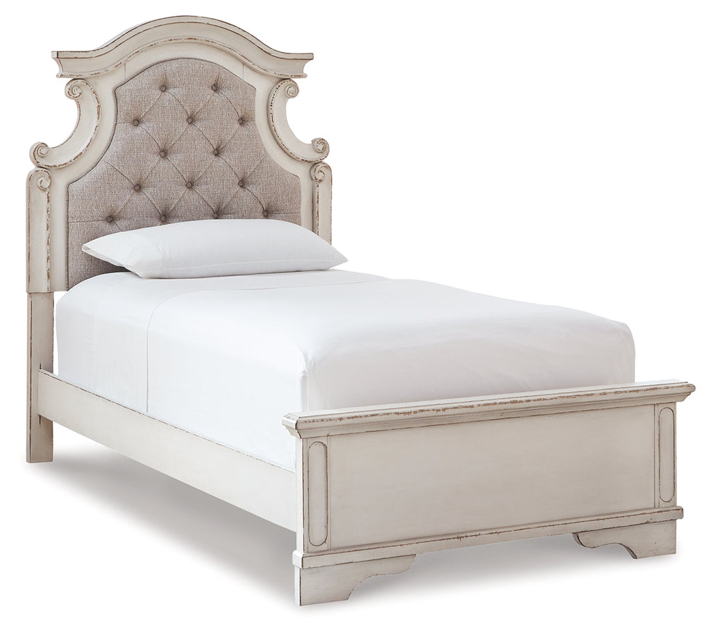 Realyn Twin Upholstered Panel Bed, Chest, Vanity and Nightstand, Two-Tone