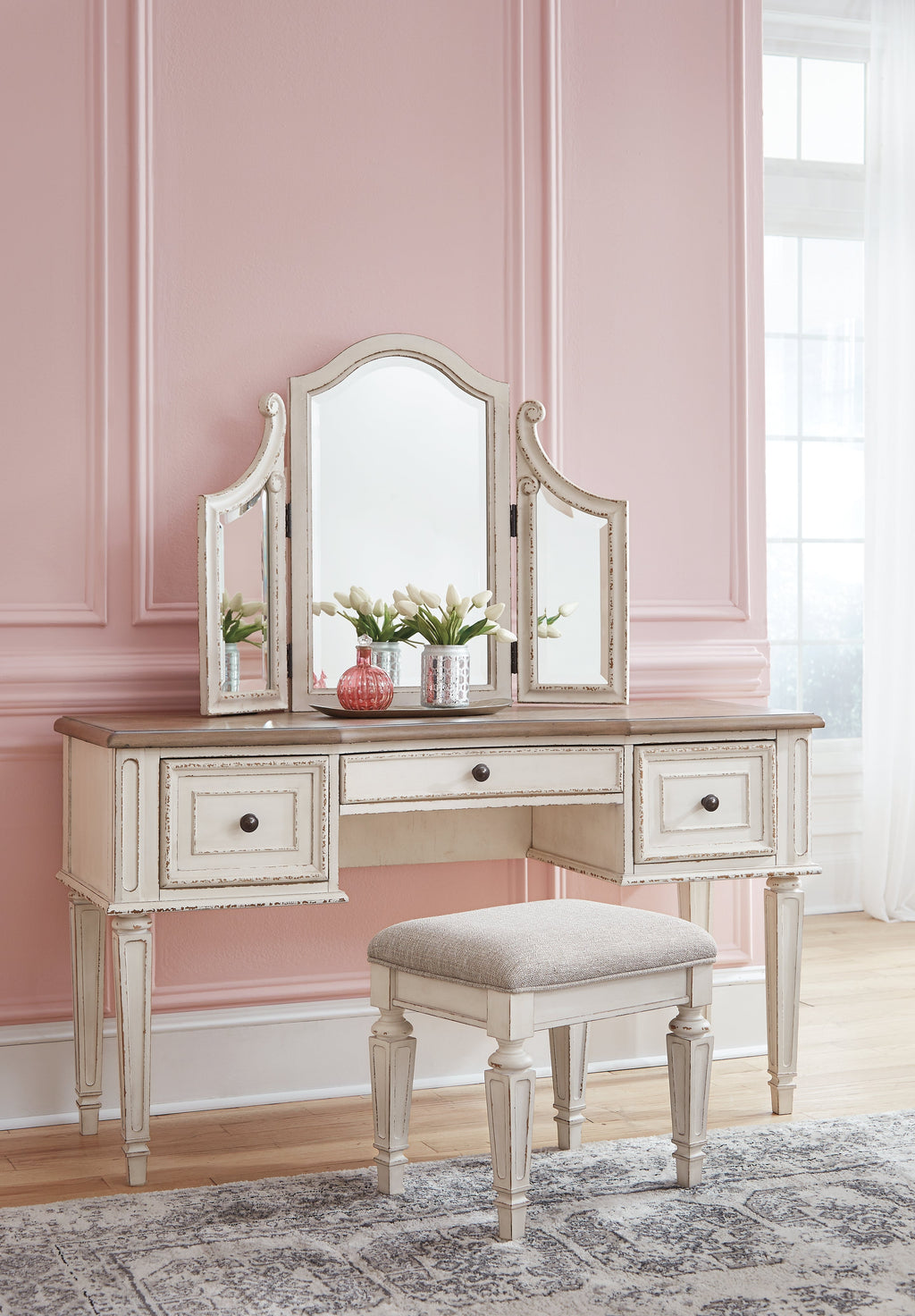 Realyn Twin Upholstered Panel Bed, Chest, Vanity and Nightstand, Two-Tone