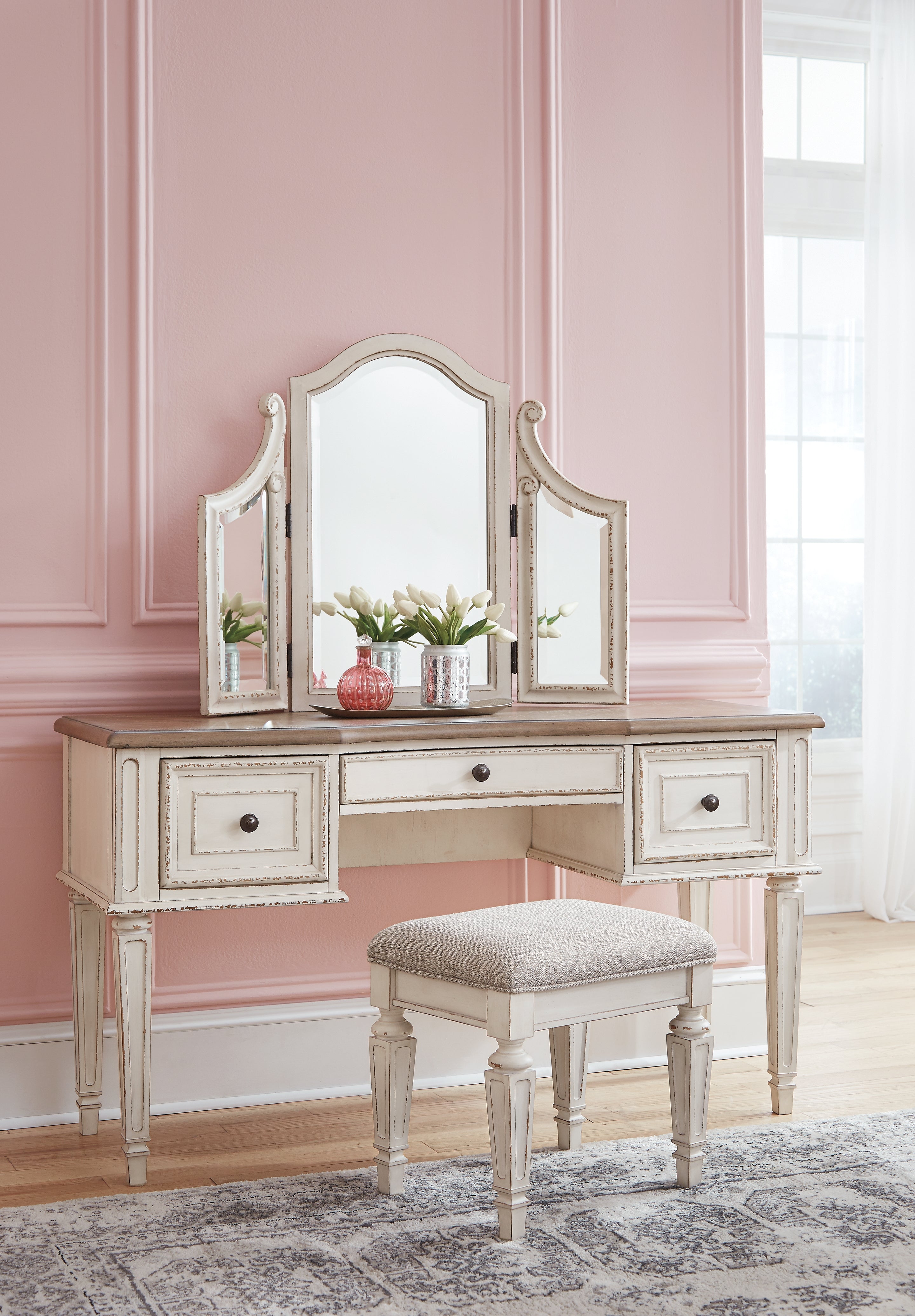 Realyn Twin Upholstered Panel Bed, Chest, Vanity and Nightstand, Two-Tone