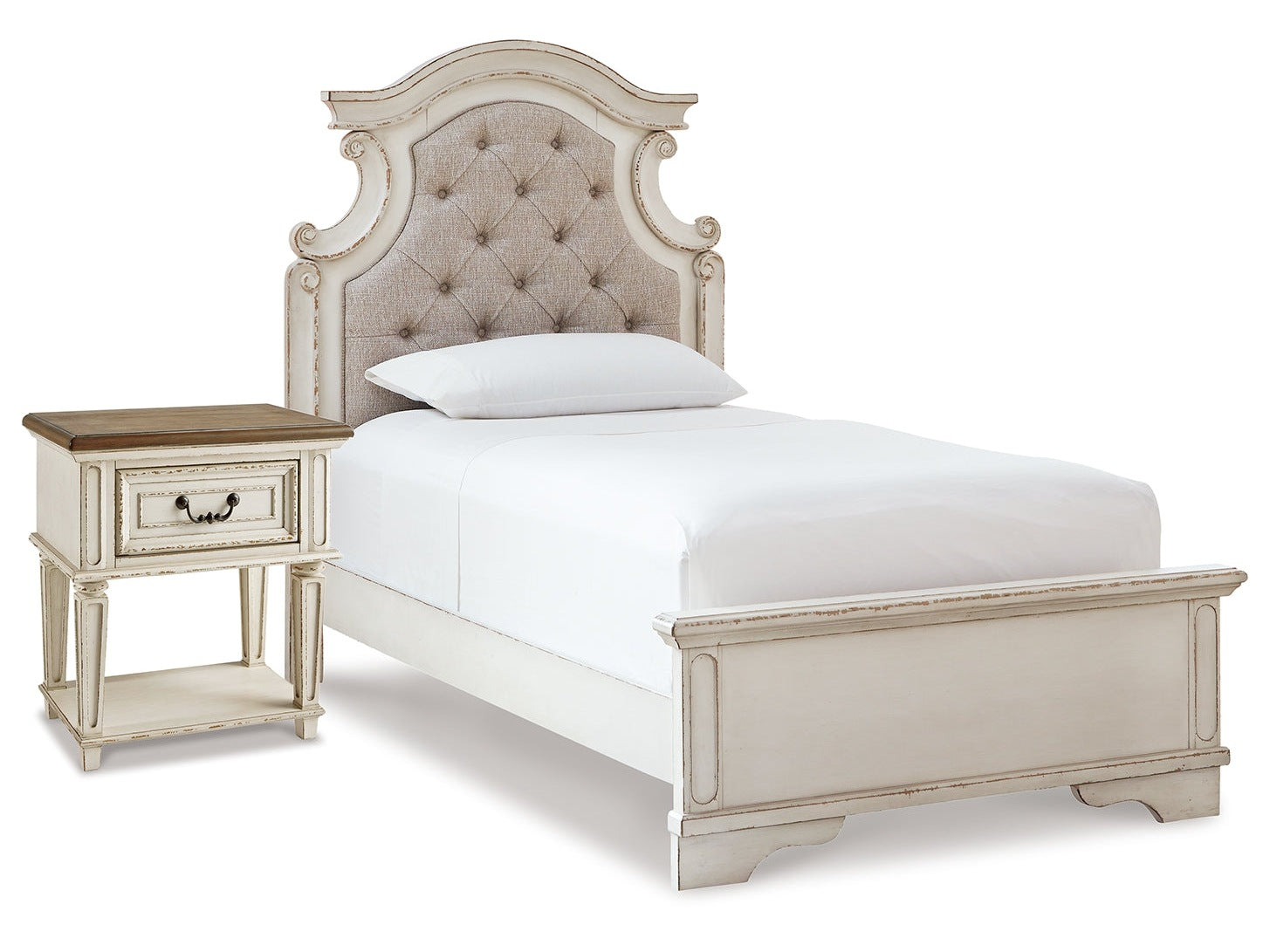 Realyn Two-tone Twin Upholstered Panel Bedroom Set with Nightstand