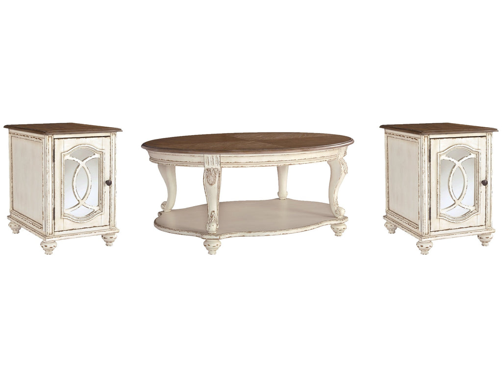 Realyn White Coffee Table and 2 End Tables