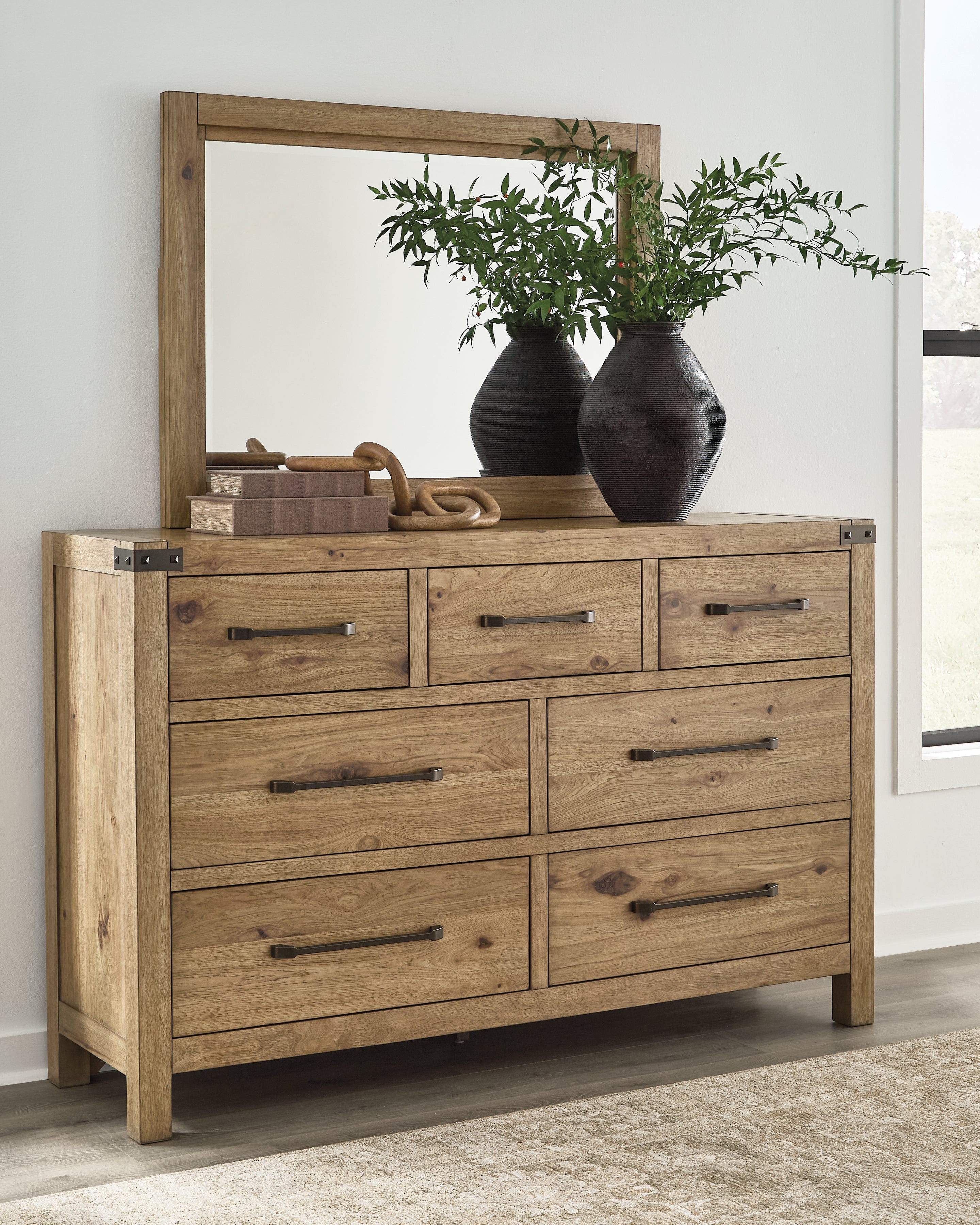 Ridgester Light Brown Queen Panel Bed, Dresser and Mirror