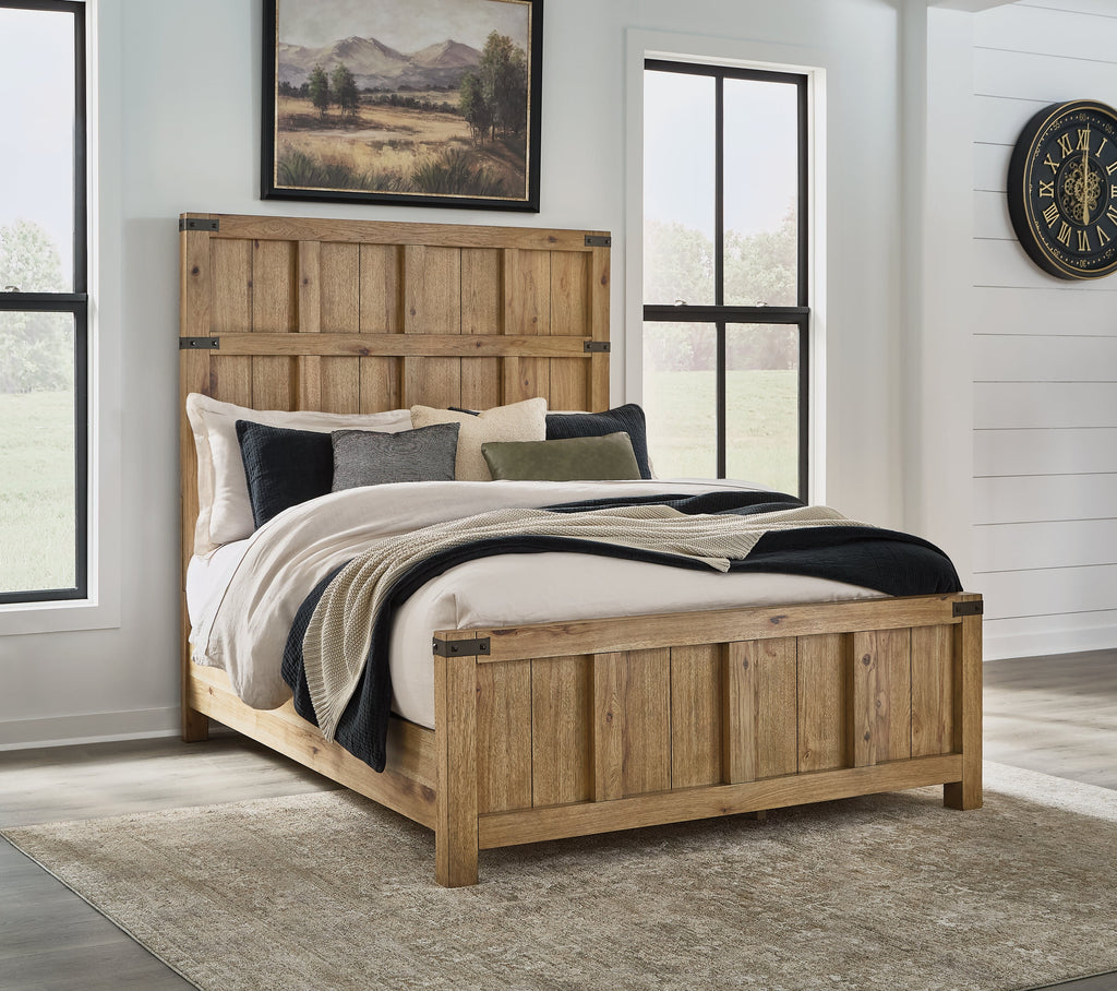 Ridgester Light Brown Queen Panel Bed, Dresser and Mirror