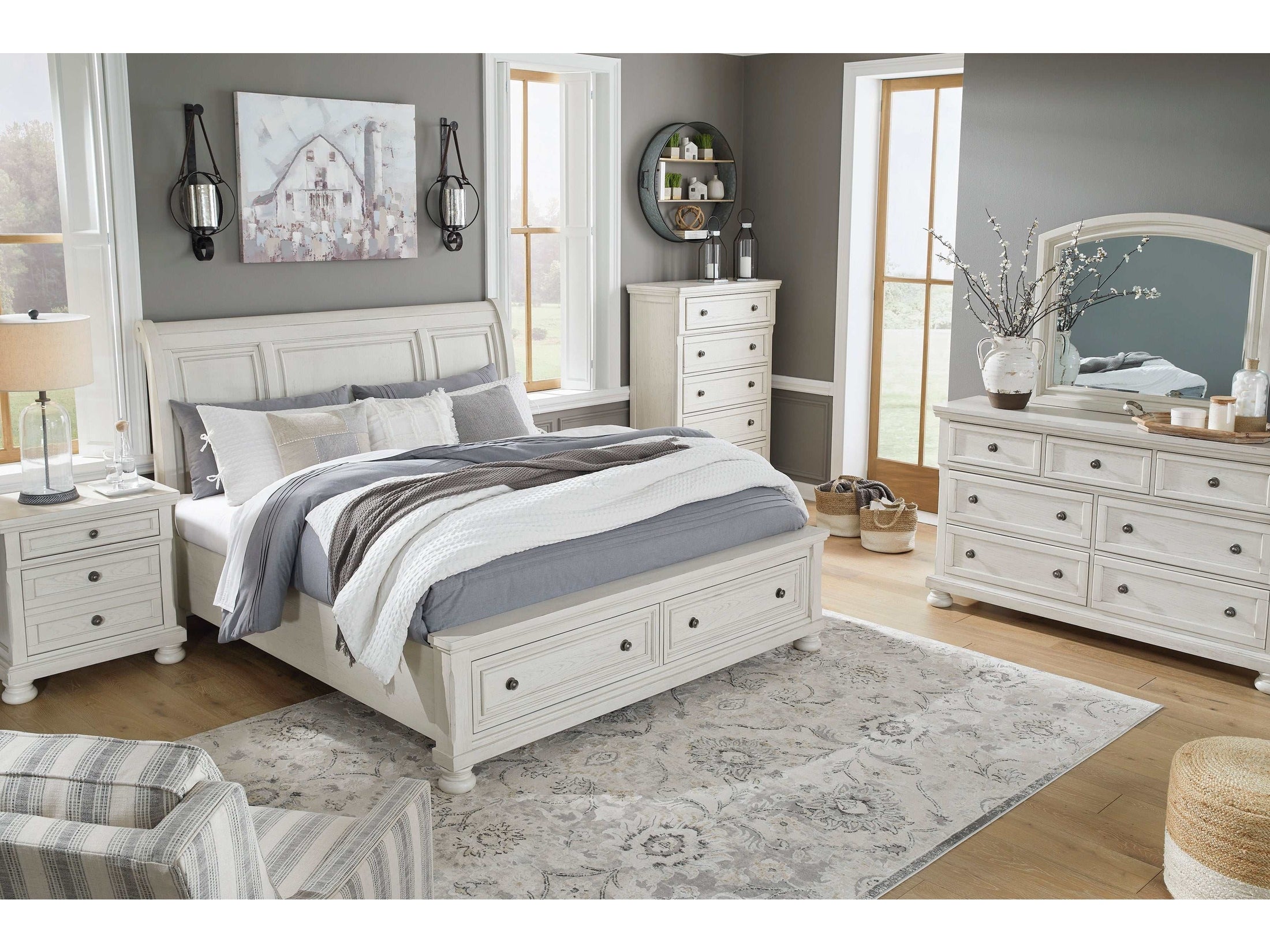 Robbinsdale Antique White Cal. King Sleigh Storage Bedroom Sets