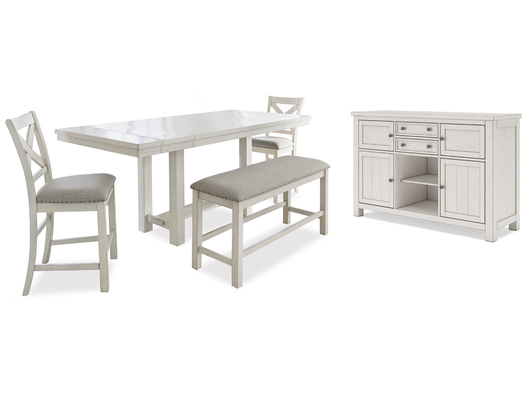 Robbinsdale Counter Height Dining Table, 2 Barstools, Bench and Server, Antique White