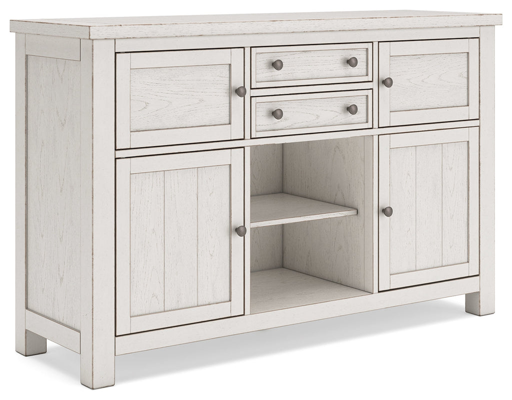 Robbinsdale Counter Height Dining Table, 2 Barstools, Bench and Server, Antique White