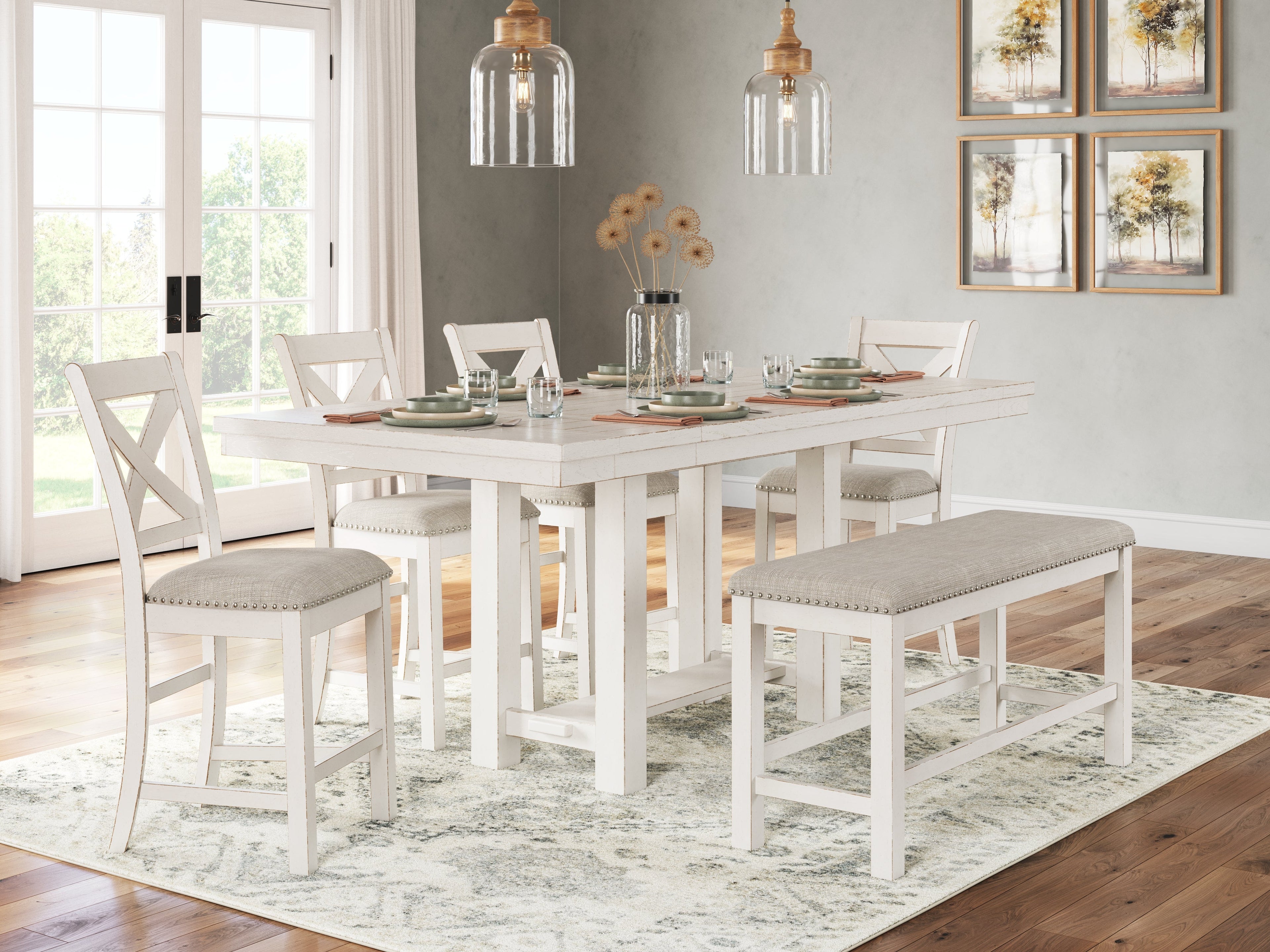 Robbinsdale Counter Height Dining Table w/6 Barstools & Bench and Server, Antique White