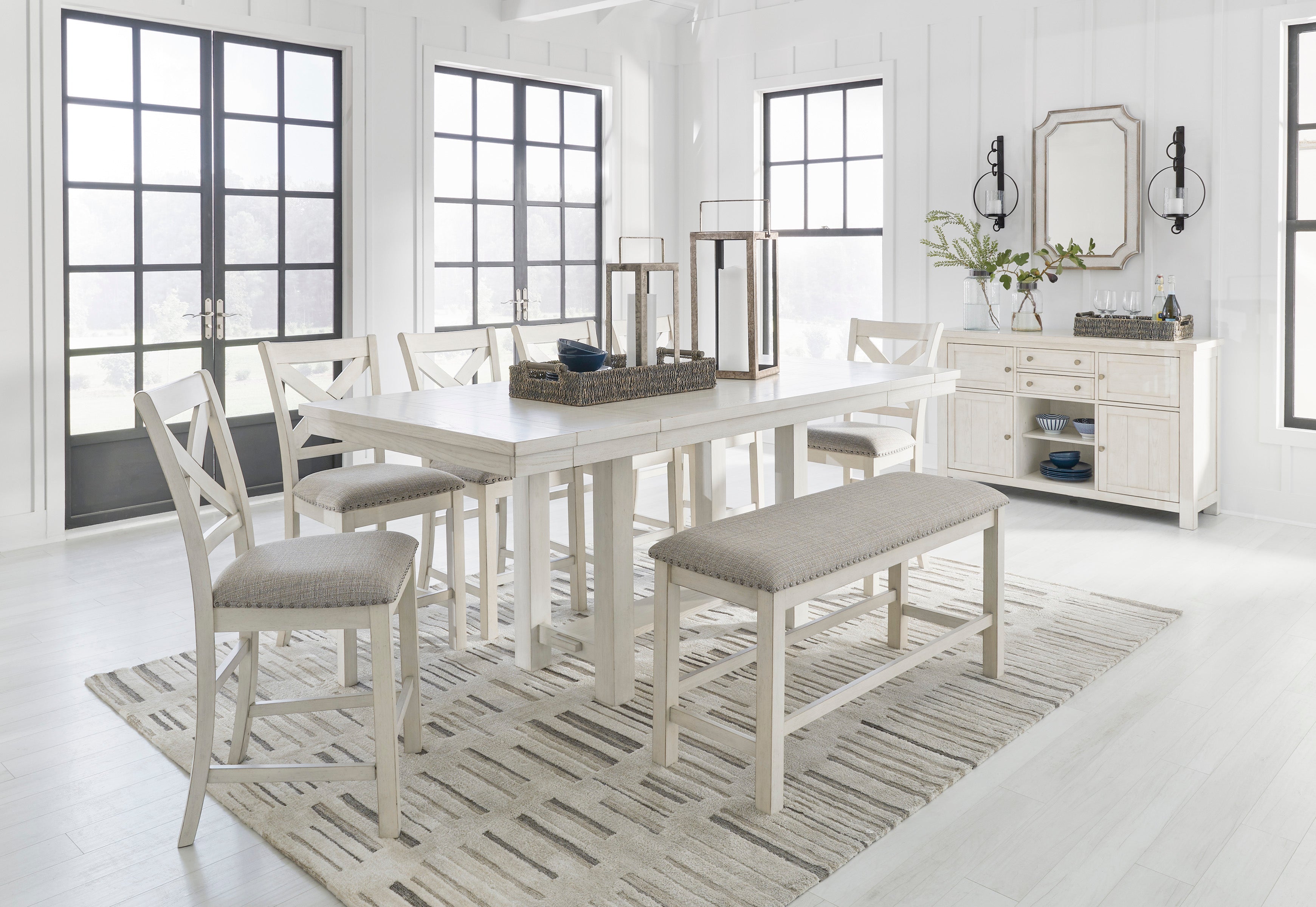 Robbinsdale Counter Height Dining Table w/4 Barstools & Bench and Server, Antique White