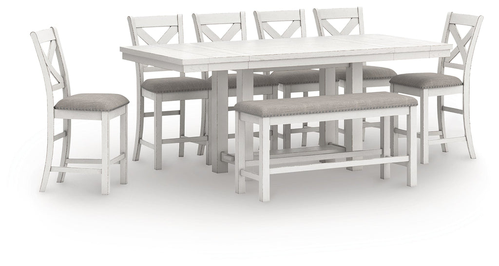 Robbinsdale Counter Height Extension Dining Table, 6 Barstools and Bench, Antique White