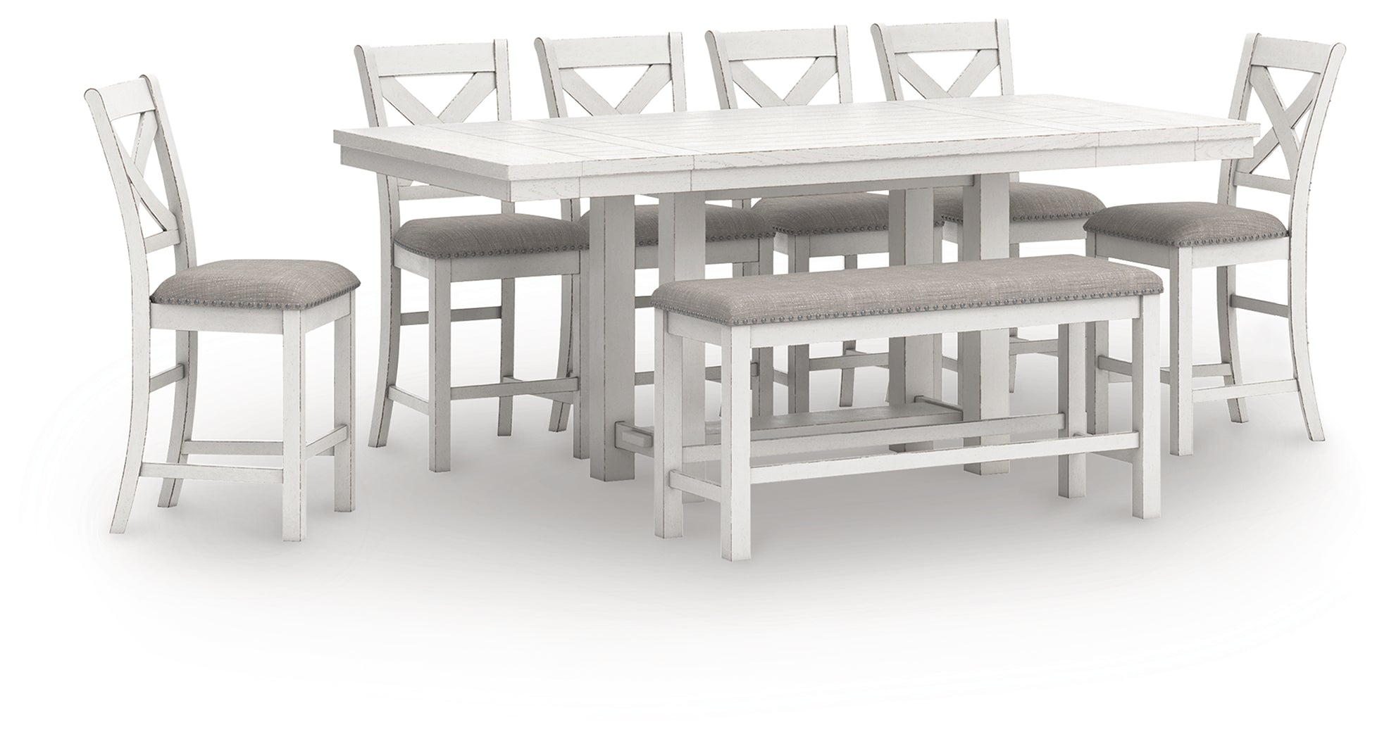 Robbinsdale Counter Height Extension Dining Table, 6 Barstools and Bench, Antique White