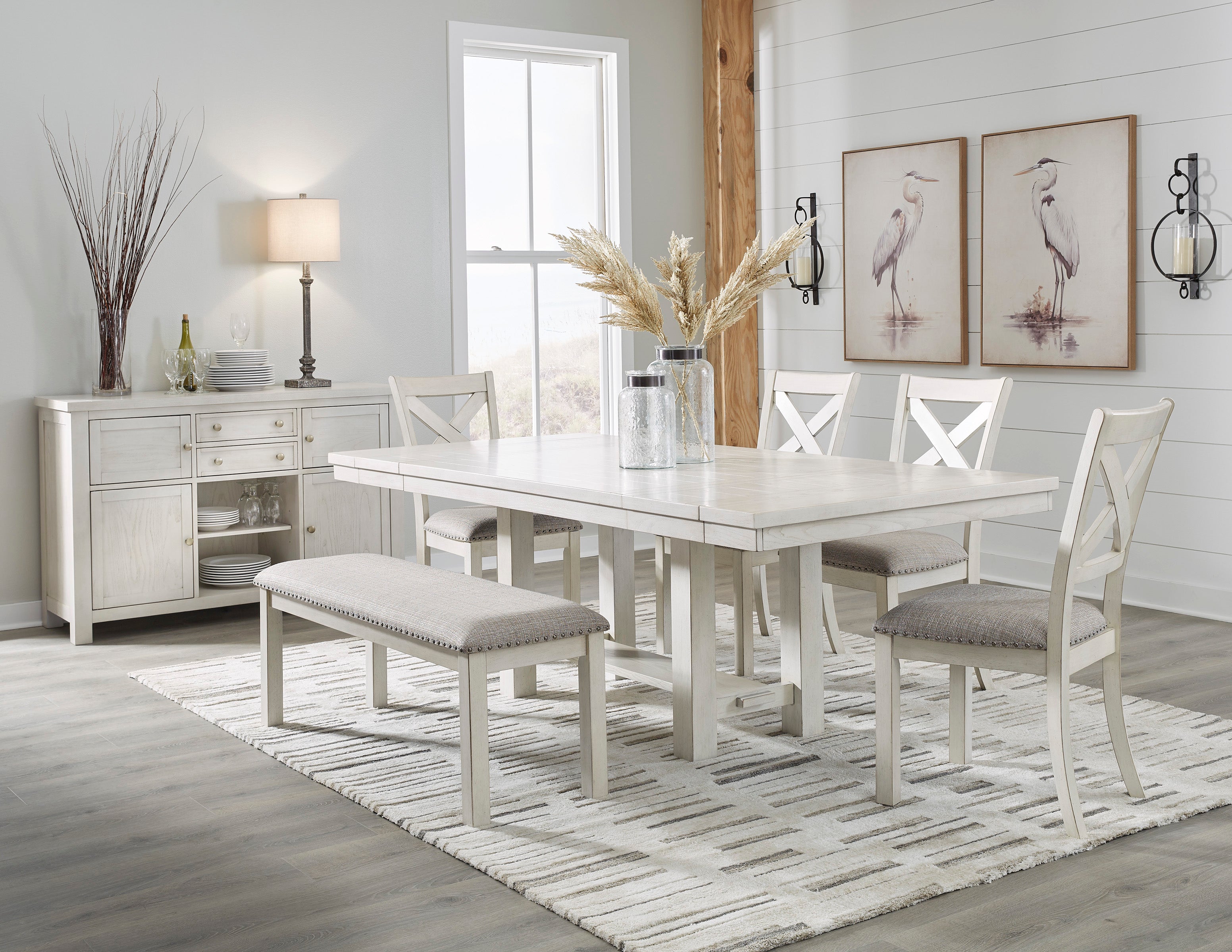 Robbinsdale Antique White Dining Table w/4 Chairs & Bench