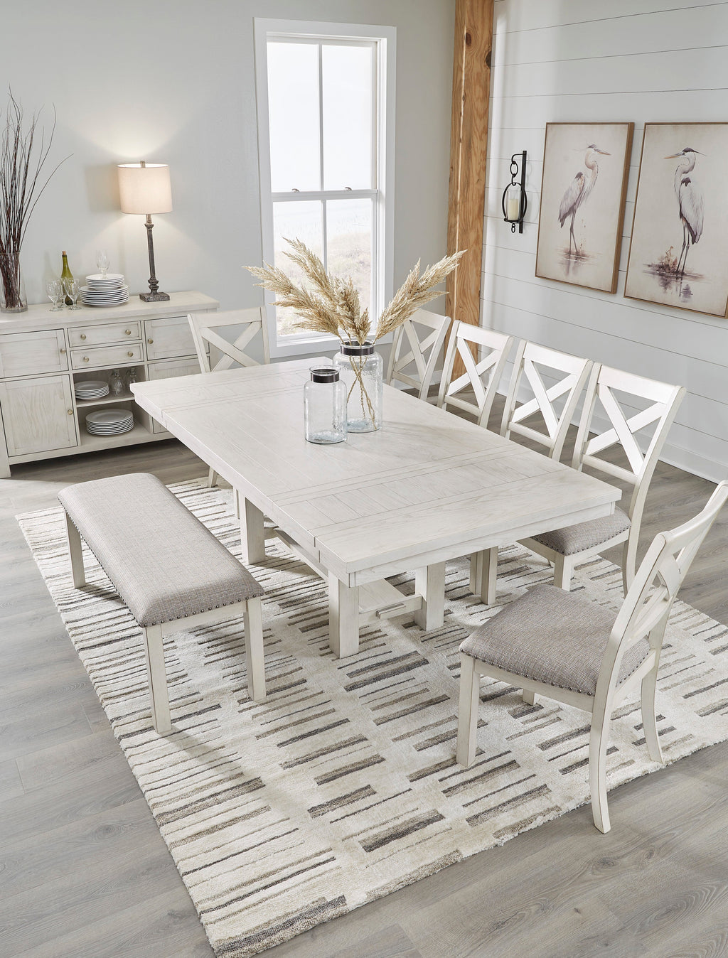 Robbinsdale Antique White Dining Table w/6 Chairs and Bench