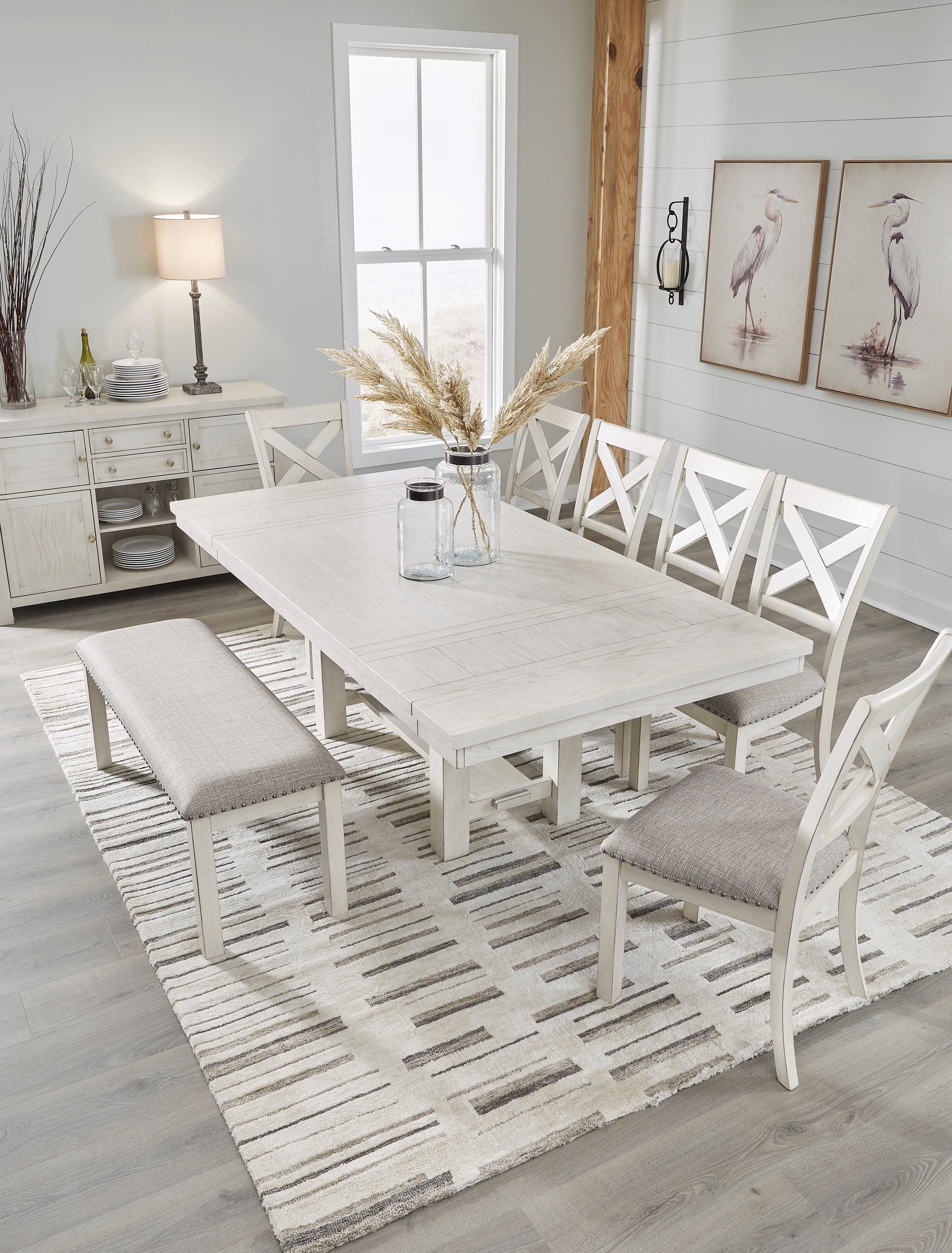 Robbinsdale Antique White Dining Table w/6 Chairs and Bench