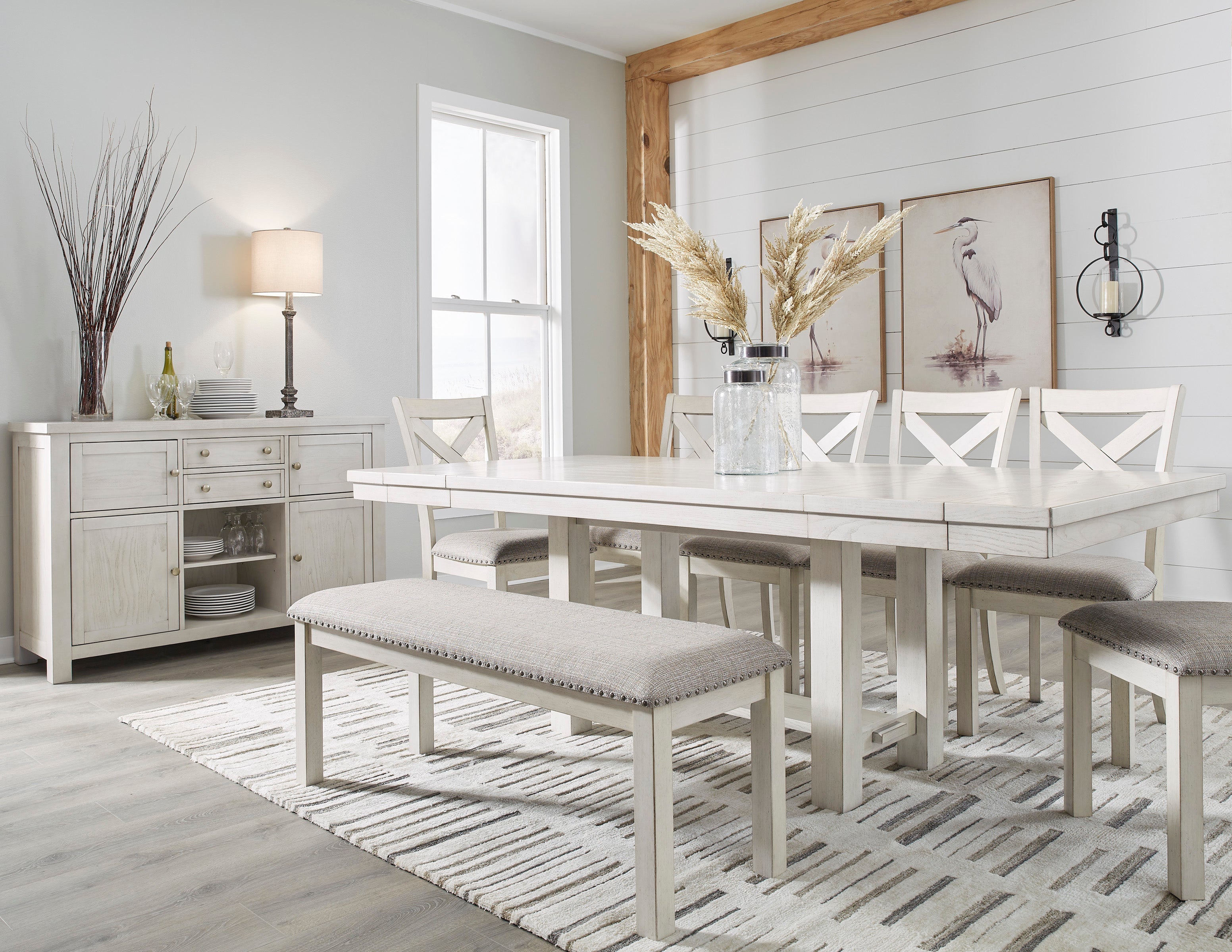 Robbinsdale Antique White Dining Table w/6 Chairs and Bench