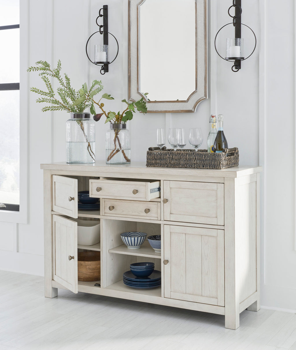 Robbinsdale Counter Height Dining Table w/6 Barstools & Bench and Server, Antique White