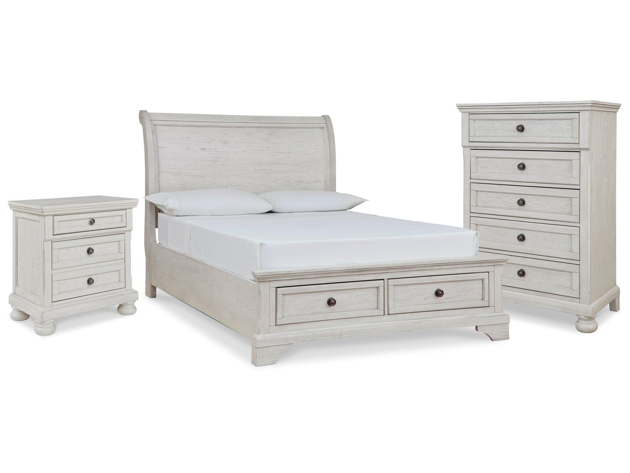 Robbinsdale Full Sleigh Storage Bed, Chest and Nightstand, Antique White