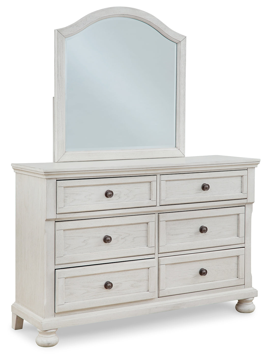 Robbinsdale Antique White Full Sleigh Storage Bed, Dresser and Mirror