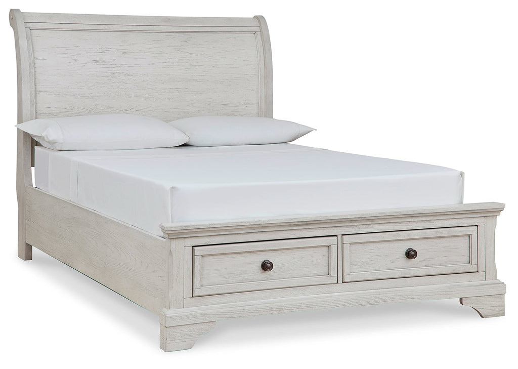 Robbinsdale Antique White Full Sleigh Storage Bed, Dresser and Mirror