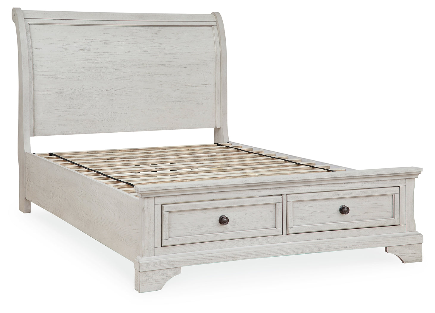 Robbinsdale Antique White Full Sleigh Storage Bed, Dresser and Mirror