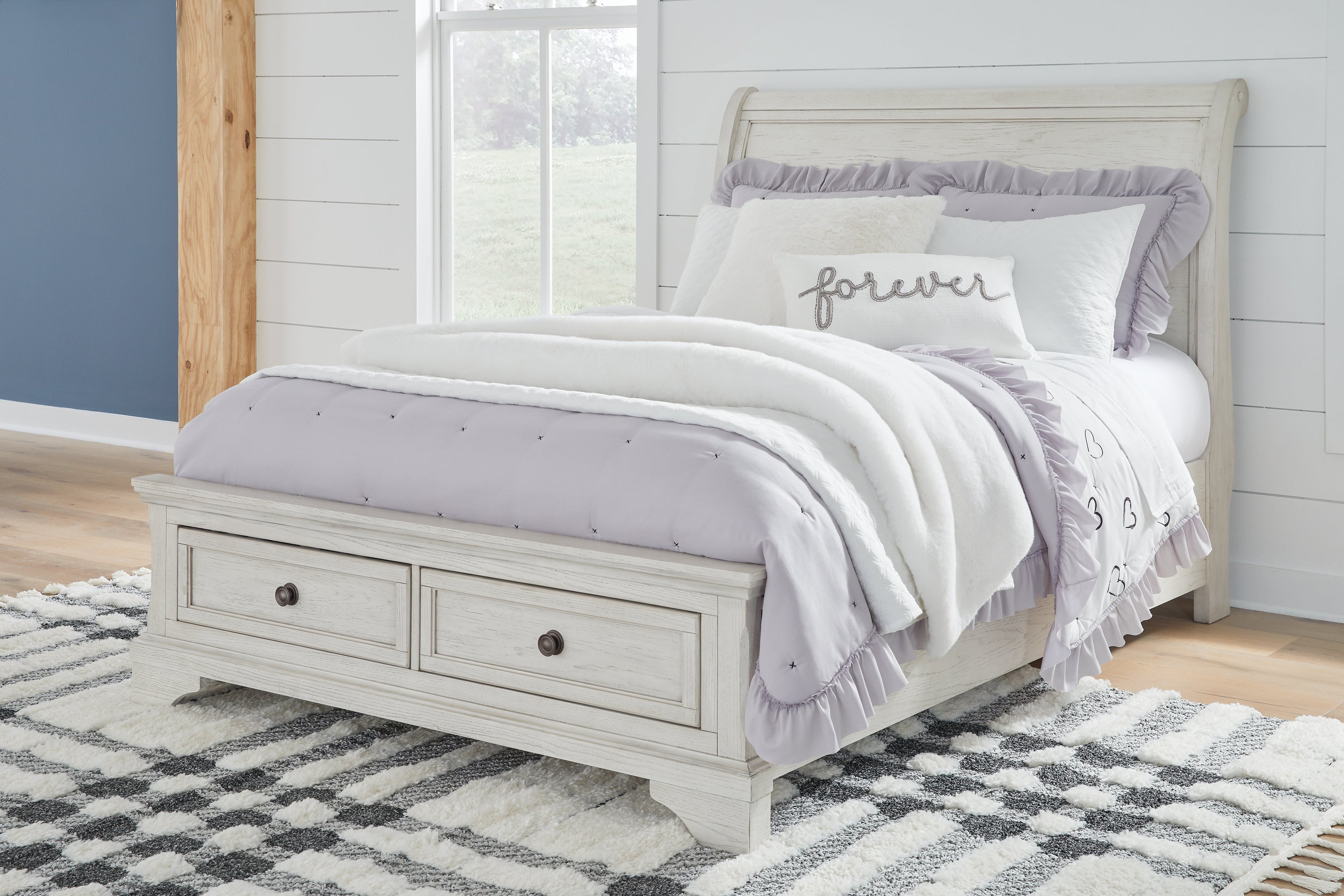 Robbinsdale Antique White Full Sleigh Storage Bed, Dresser and Mirror