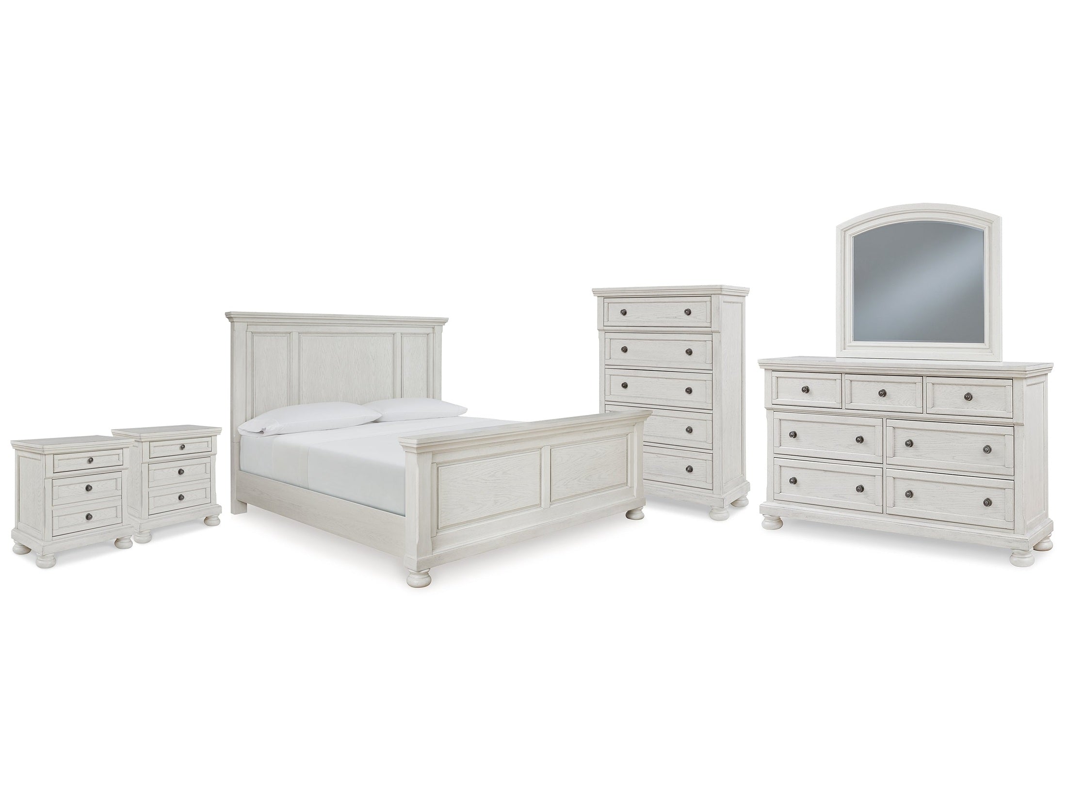 Robbinsdale King Panel Bed & Dresser & Mirror & Chest & 2 Nightstands, Antique White