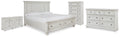 Robbinsdale King Panel Storage Bed, Dresser, Chest and 2 Nightstands, Antique White
