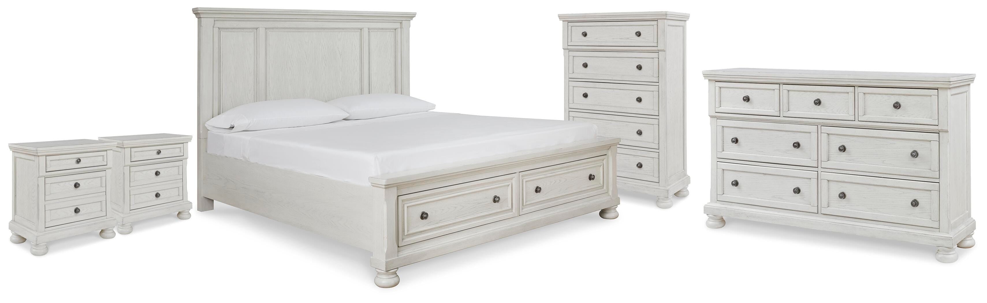 Robbinsdale King Panel Storage Bed, Dresser, Chest and 2 Nightstands, Antique White
