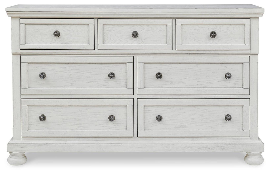 Robbinsdale King Panel Storage Bed, Dresser, Chest and 2 Nightstands, Antique White