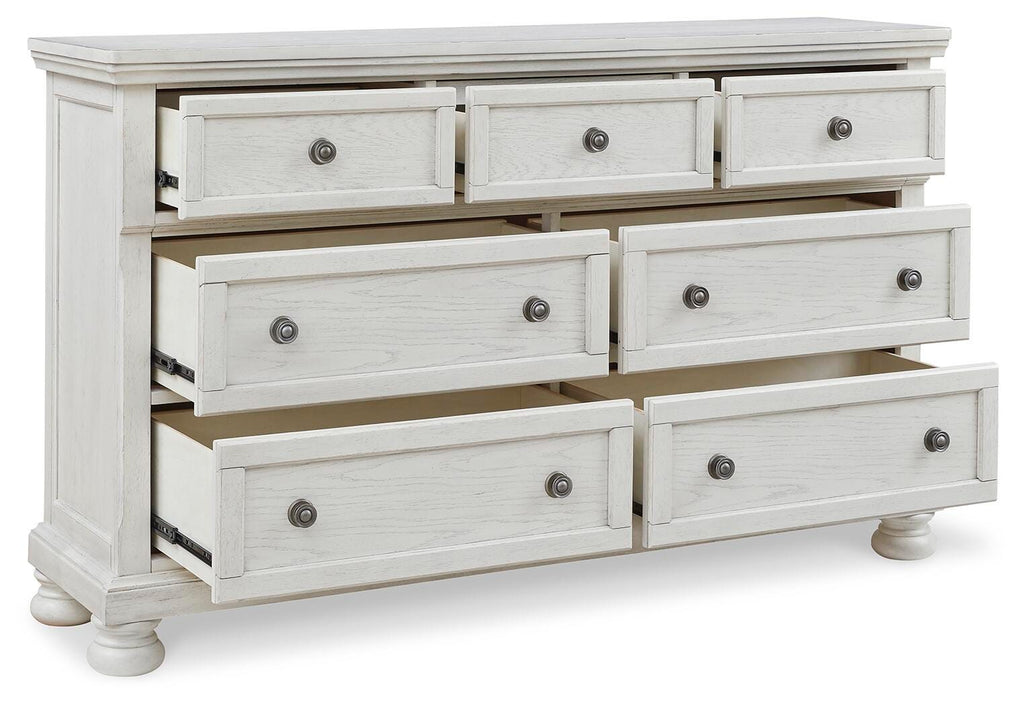 Robbinsdale King Panel Storage Bed, Dresser, Chest and 2 Nightstands, Antique White
