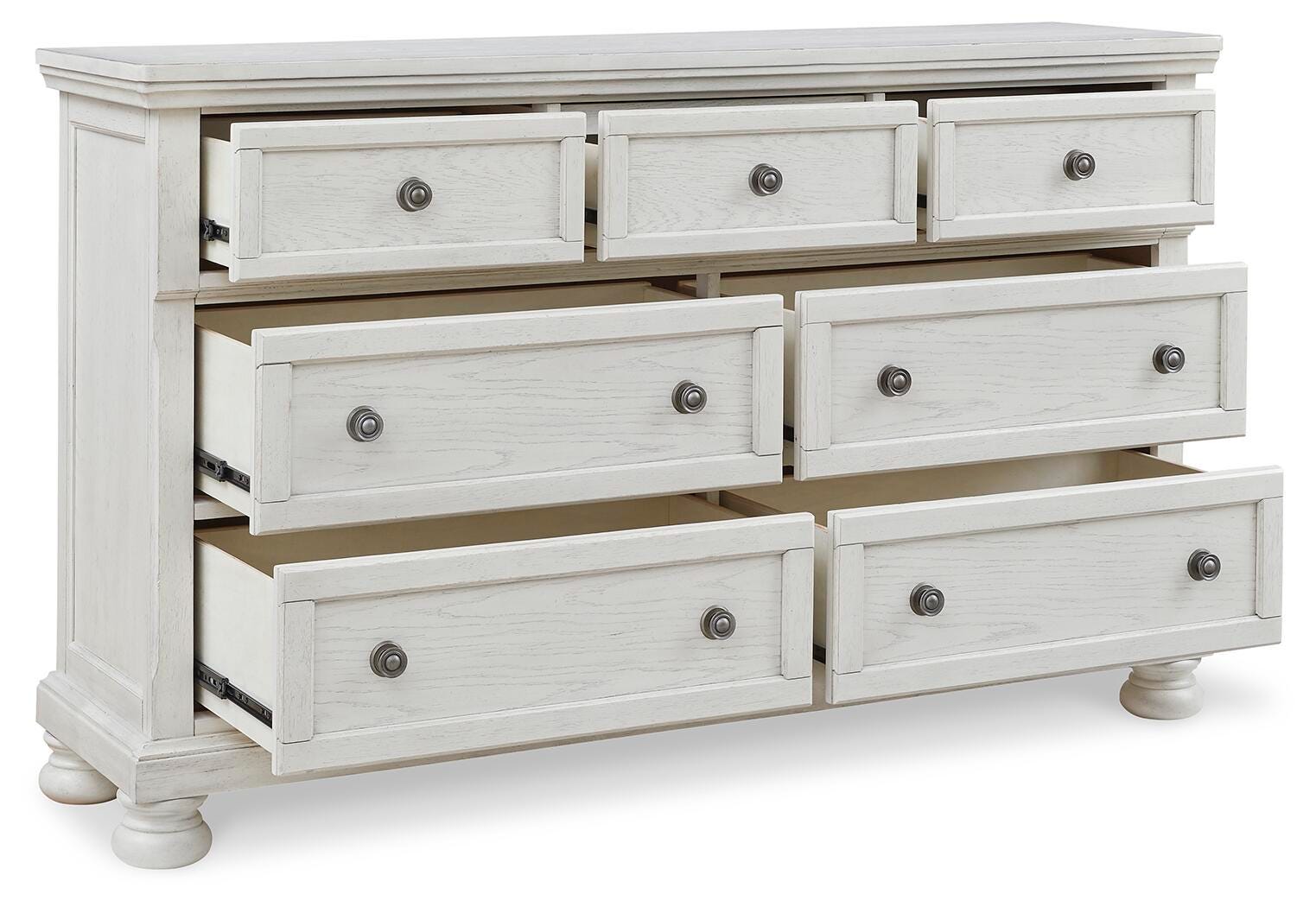 Robbinsdale King Panel Storage Bed, Dresser, Chest and 2 Nightstands, Antique White
