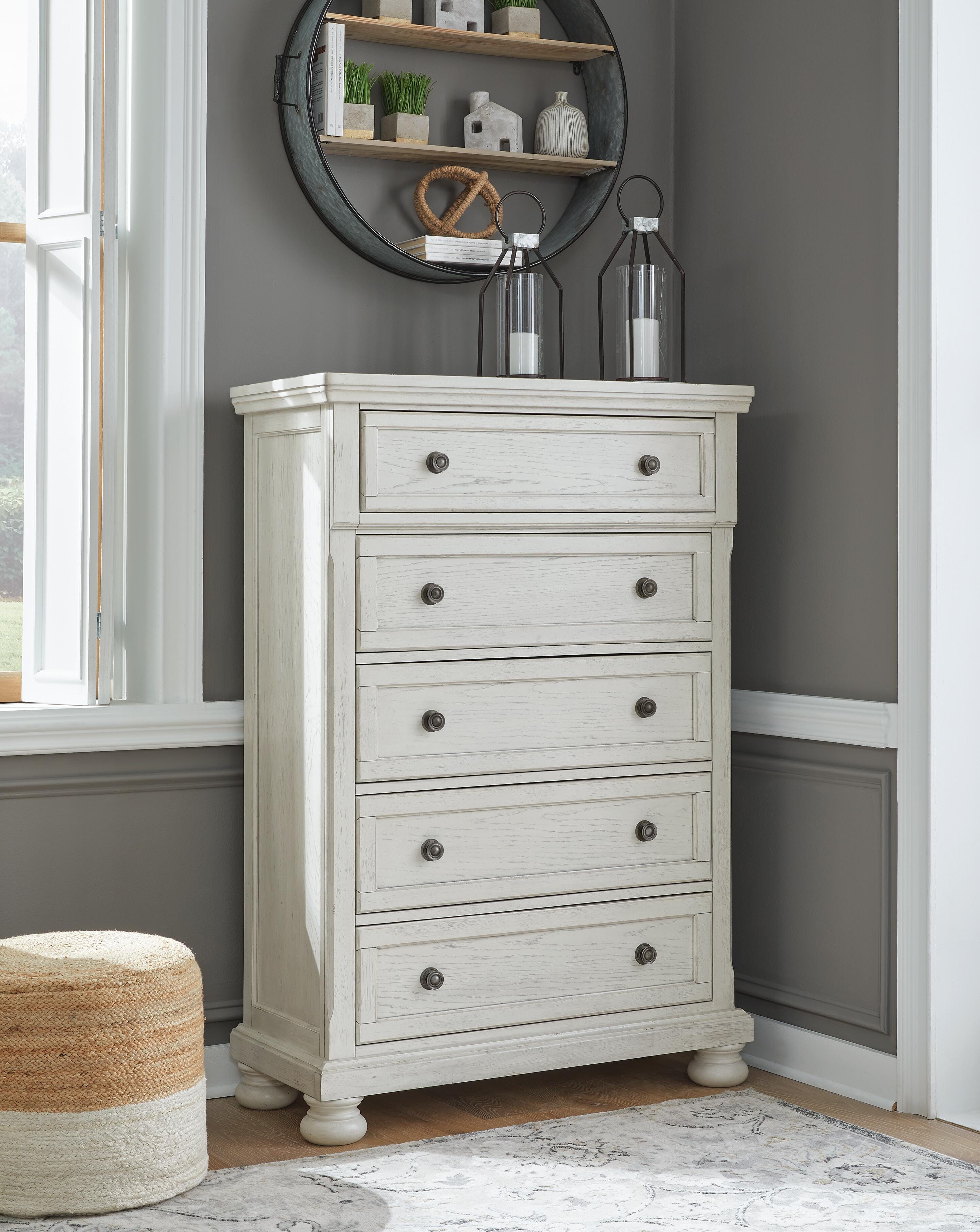 Robbinsdale King Panel Storage Bed, Dresser, Chest and 2 Nightstands, Antique White