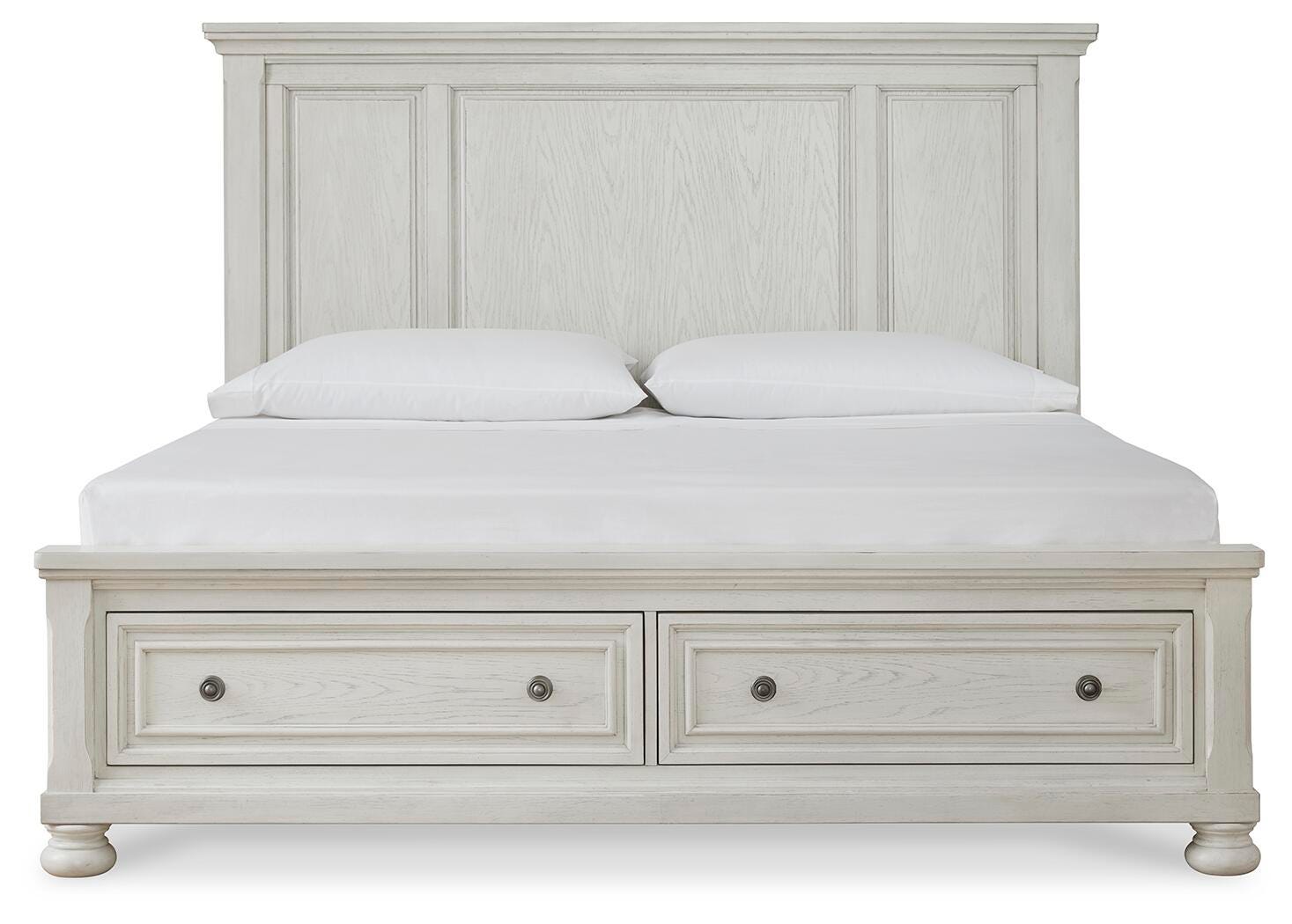 Robbinsdale King Panel Storage Bed, Dresser, Chest and 2 Nightstands, Antique White