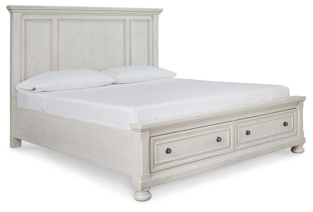 Robbinsdale King Panel Storage Bed, Dresser, Chest and 2 Nightstands, Antique White