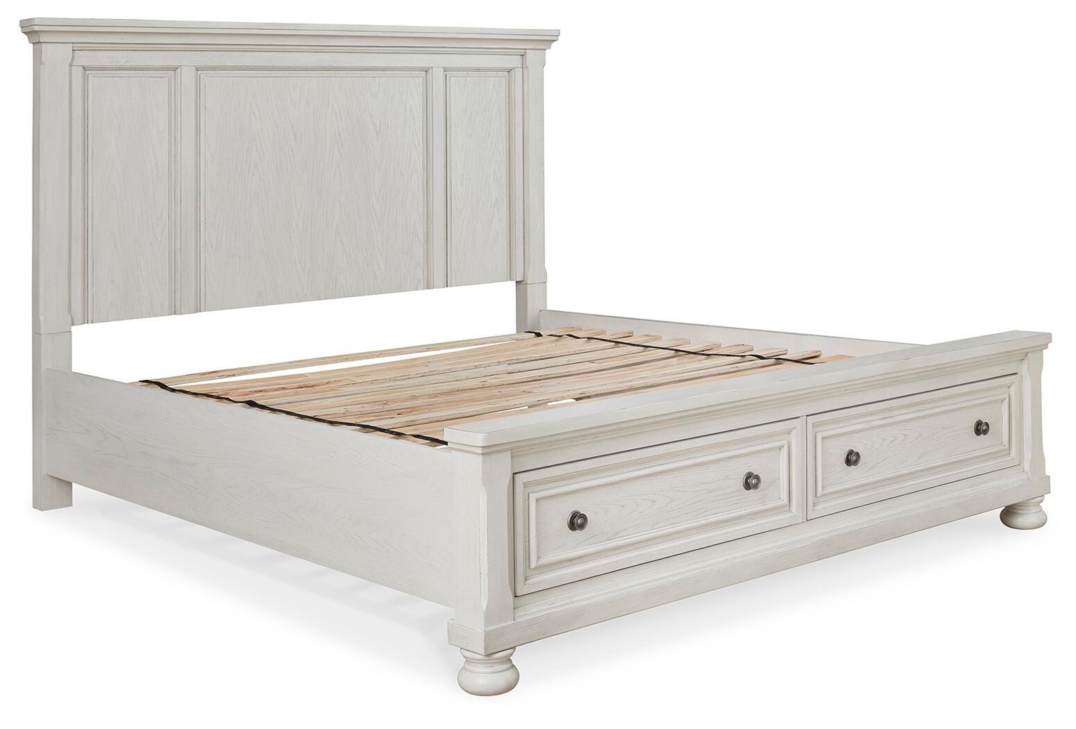 Robbinsdale King Panel Storage Bed, Dresser, Chest and 2 Nightstands, Antique White