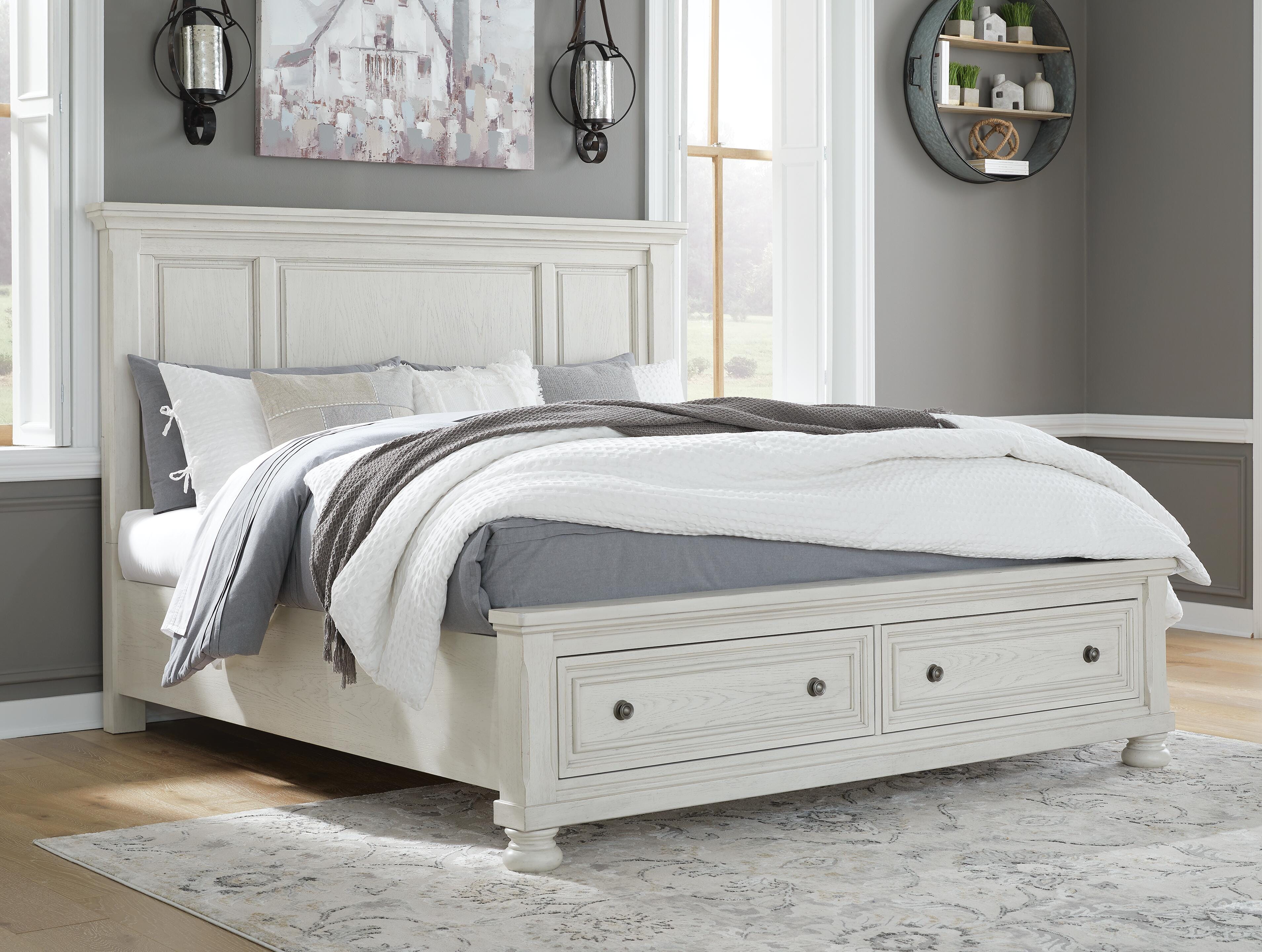 Robbinsdale King Panel Storage Bed, Dresser, Chest and 2 Nightstands, Antique White