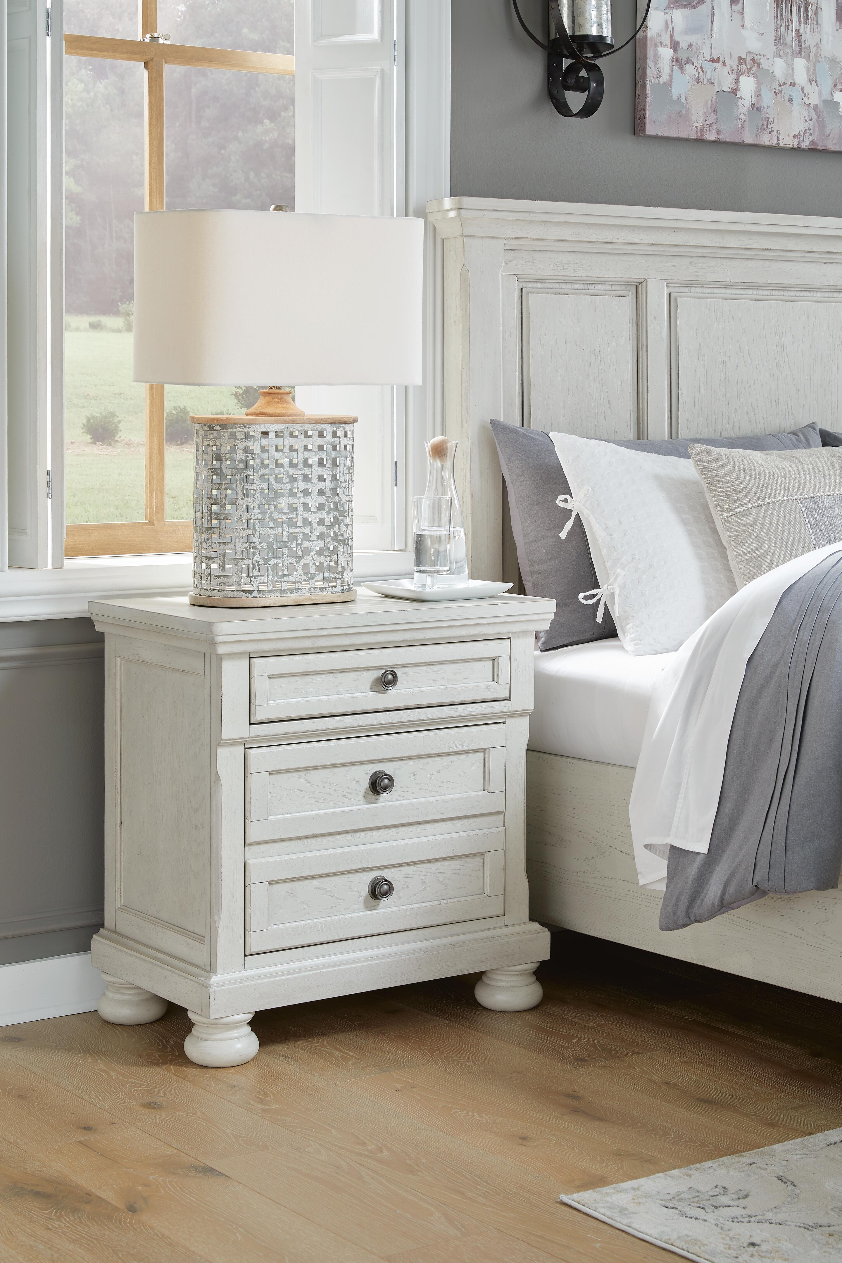 Robbinsdale King Panel Storage Bed, Dresser, Chest and 2 Nightstands, Antique White
