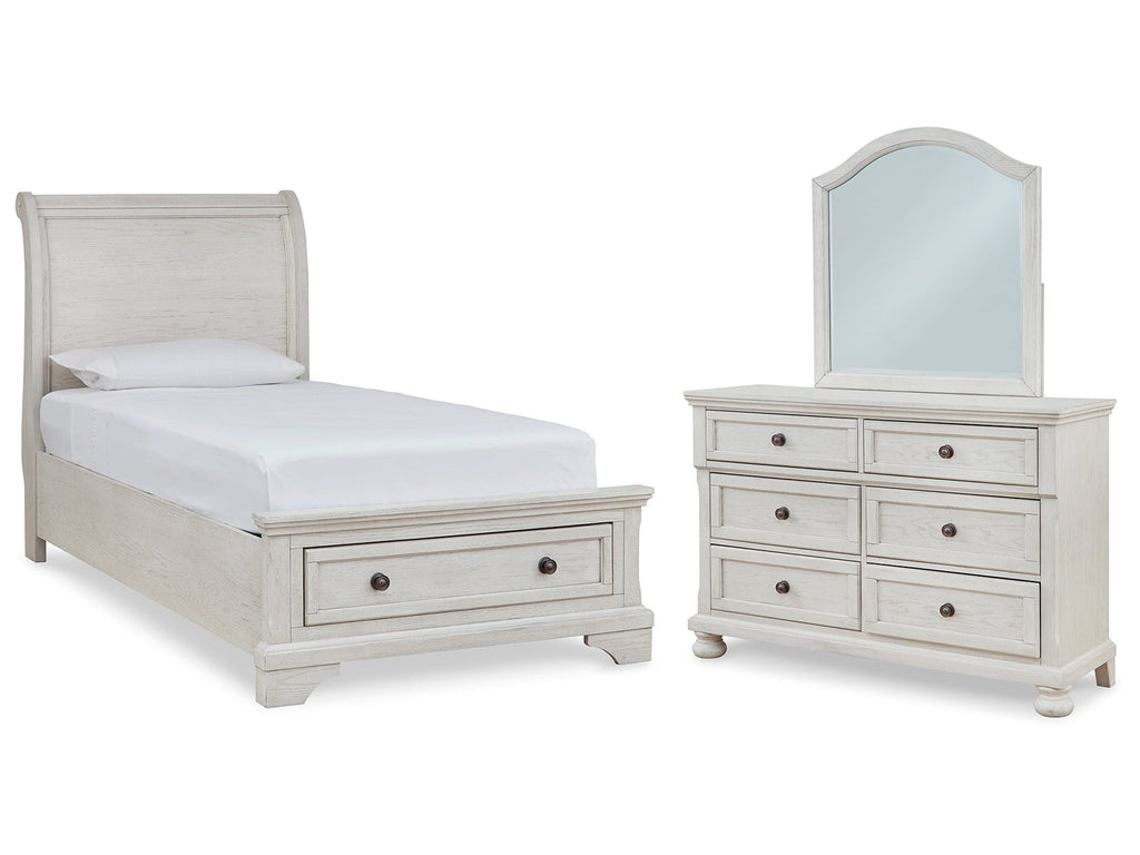 Robbinsdale Antique White Twin Sleigh Storage Bed, Dresser and Mirror