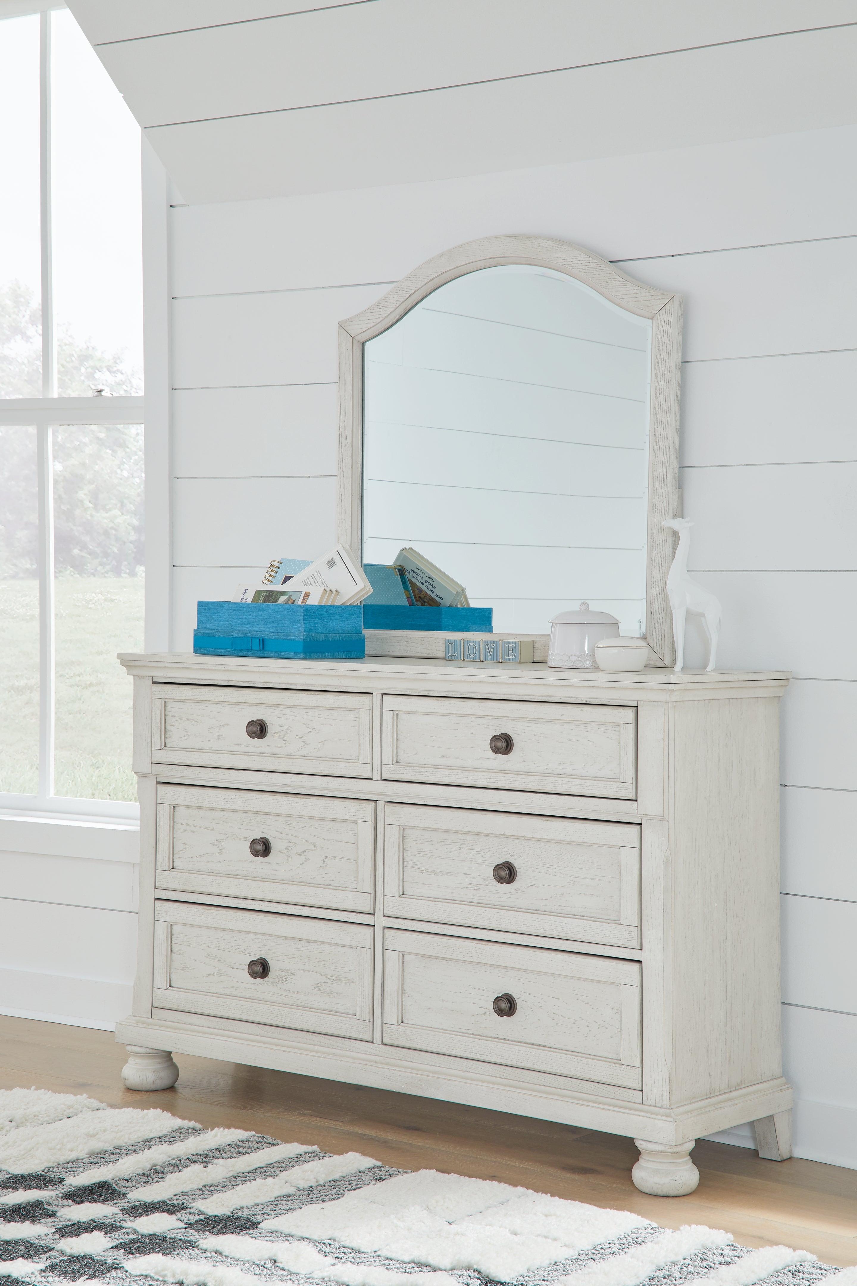 Robbinsdale Antique White Twin Sleigh Storage Bed, Dresser and Mirror
