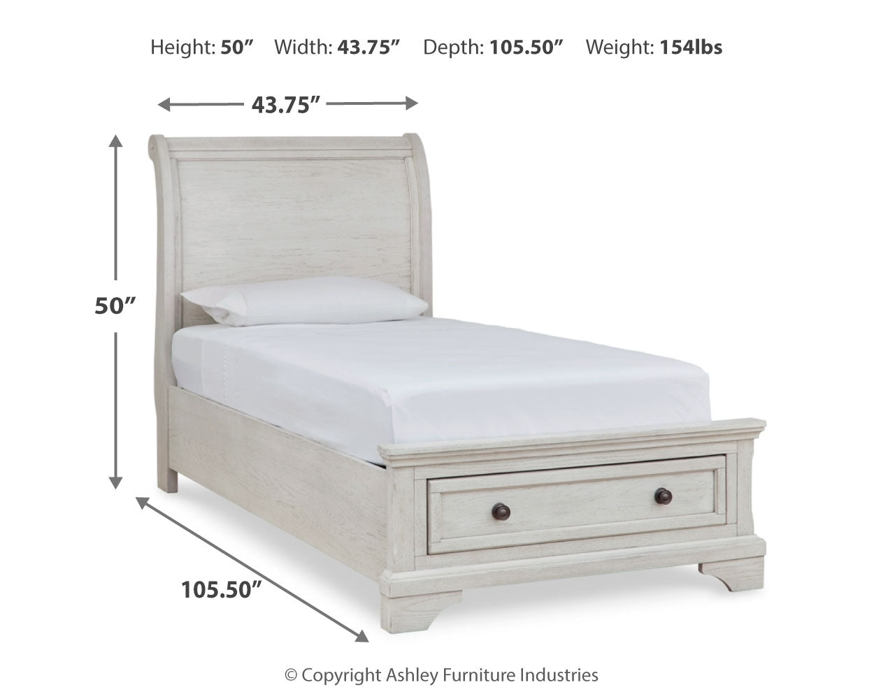 Robbinsdale Twin Sleigh Storage Bed, Dresser and Nightstand, Antique White