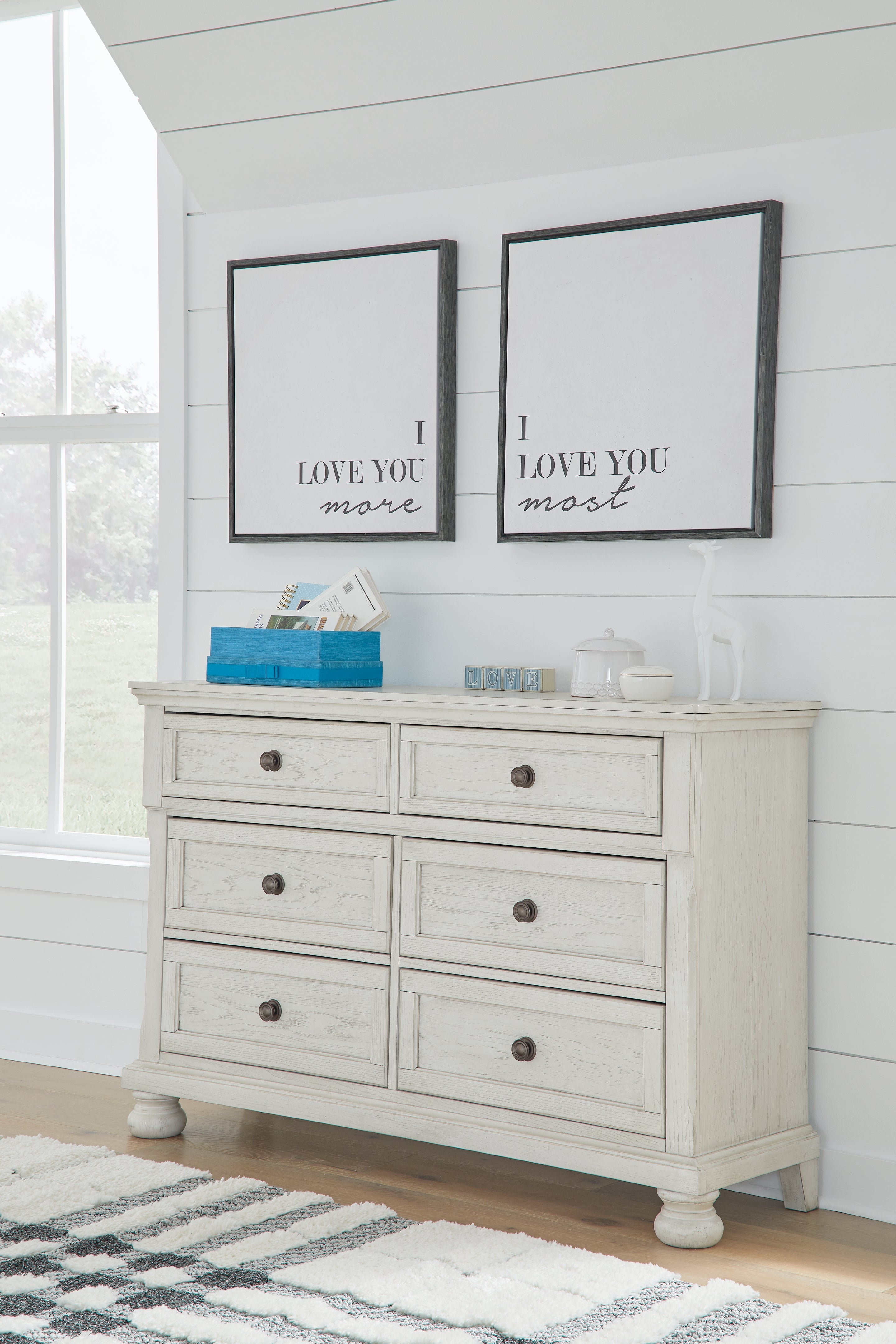 Robbinsdale Twin Sleigh Storage Bed, Dresser and Nightstand, Antique White