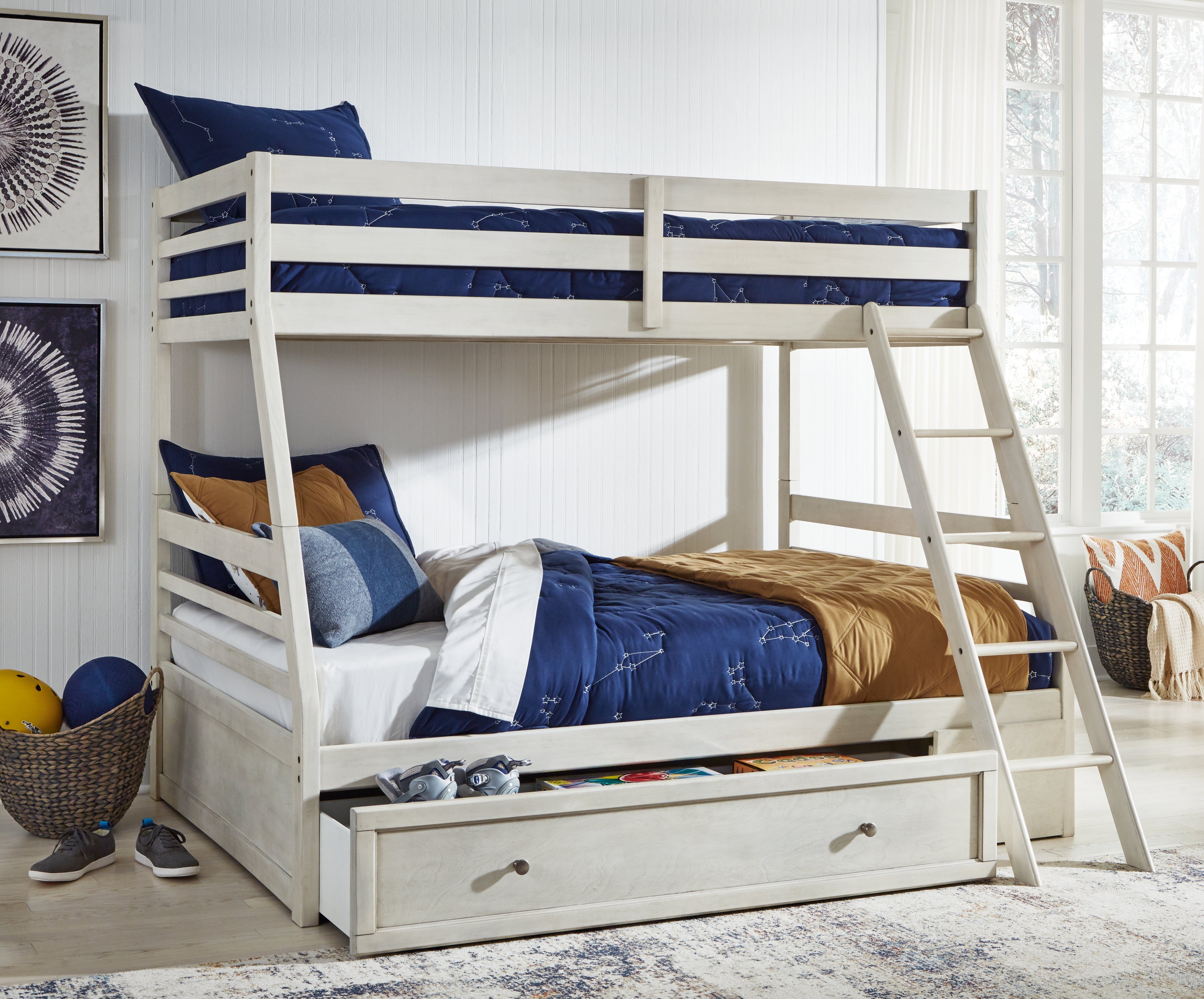 Robbinsdale Antique White Twin over Full Bunk Youth Bed with Storage