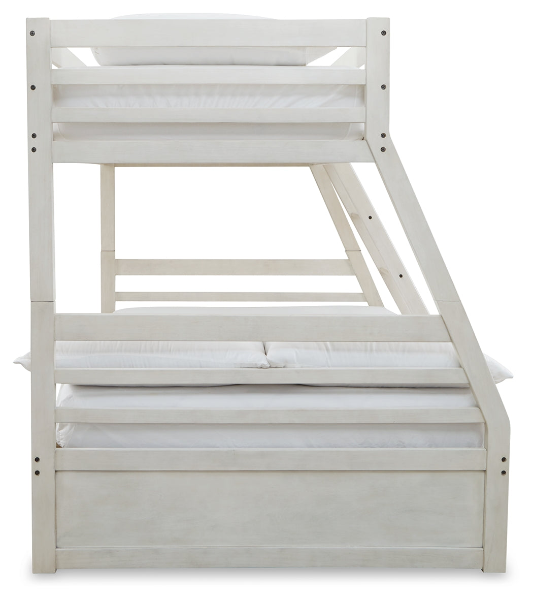Robbinsdale Antique White/White Twin over Full Bunk Bed and Mattresses