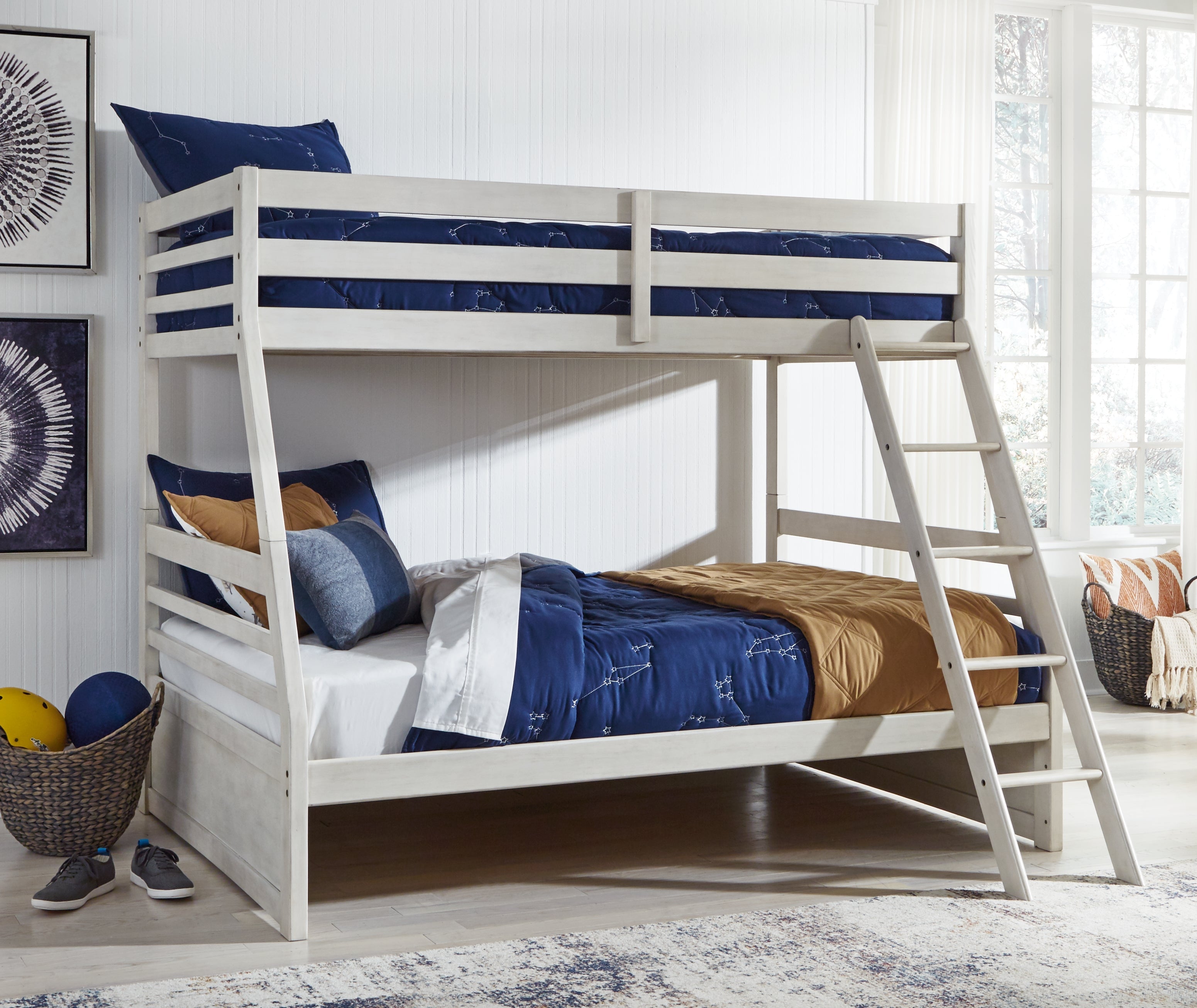 Robbinsdale Antique White/White Twin over Full Bunk Bed and Mattresses