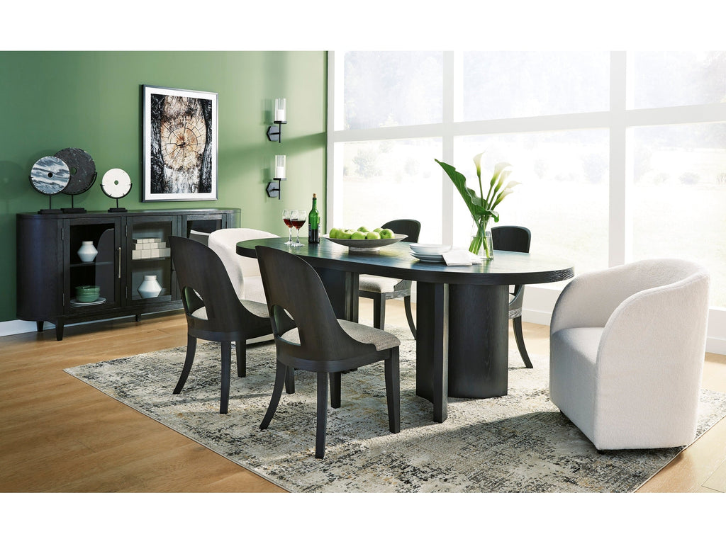 Rowanbeck Dining Room Set w/ 2 Fully Upholstered White Armchairs / 7 Pc, Black